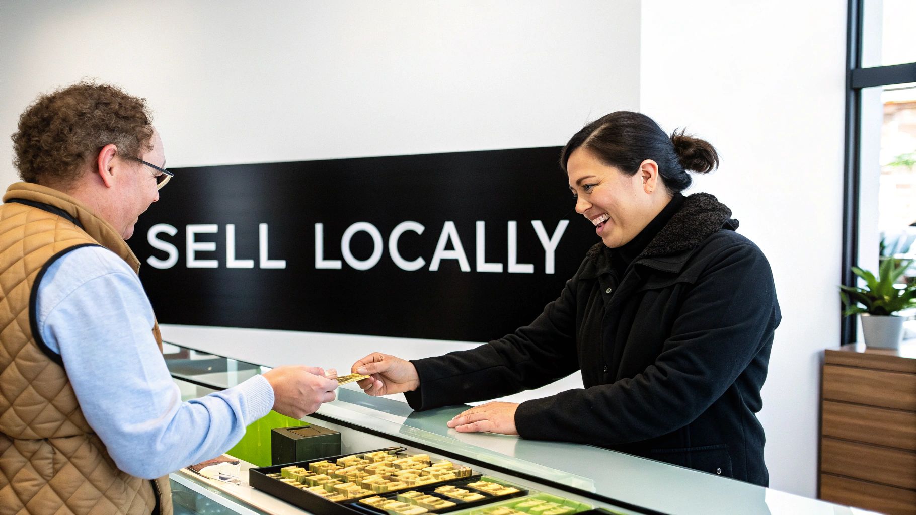 A man hands a gold item to a smiling woman behind a counter with a "SELL LOCALLY" sign.