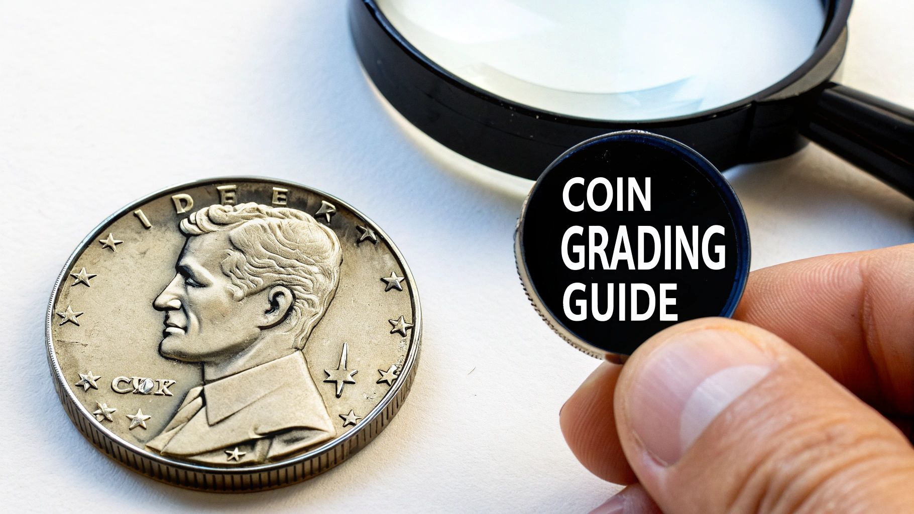 magnifying glass examining a Kennedy half dollar