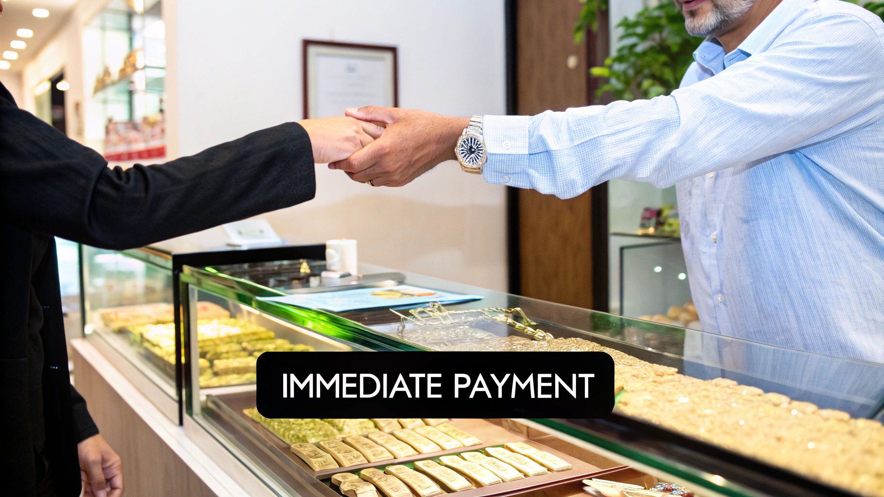 A close-up shot of a hand receiving cash in exchange for gold coins, symbolizing a direct and profitable local transaction.
