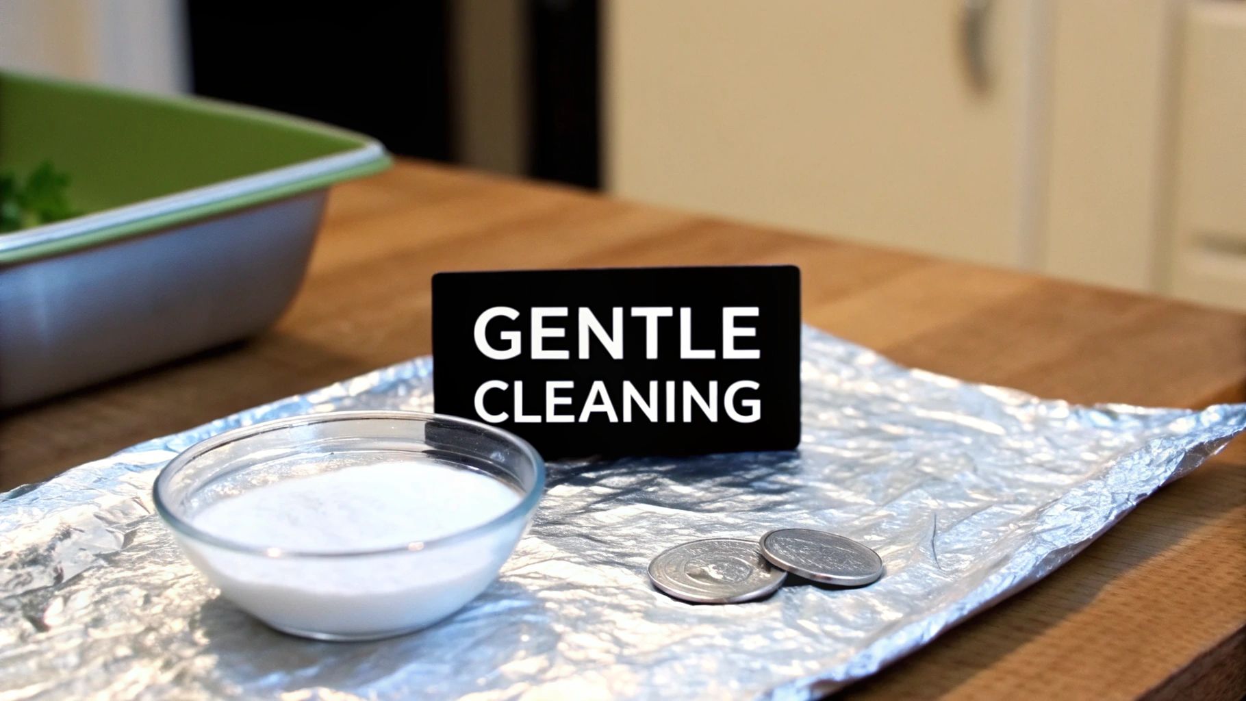 Silver dollar sitting in a glass bowl lined with aluminum foil for cleaning