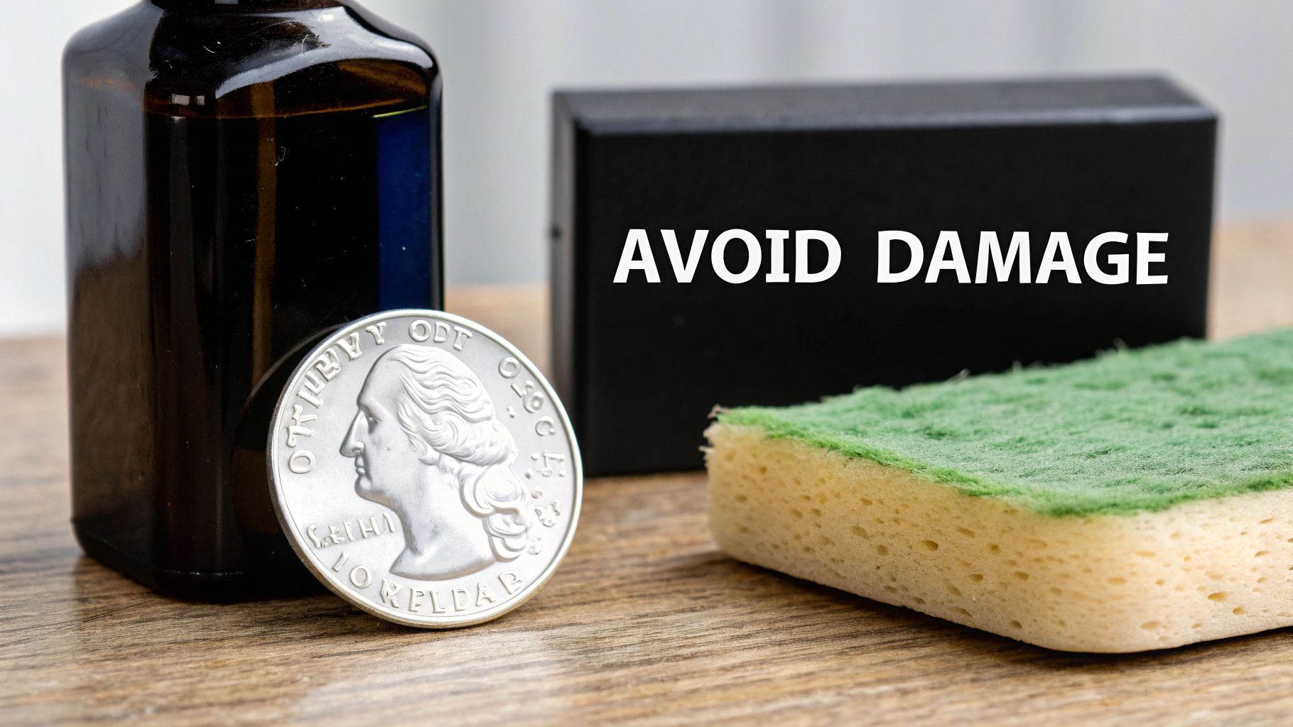 A hand holding a tarnished silver dollar next to a pristine one, symbolizing the potential for damage