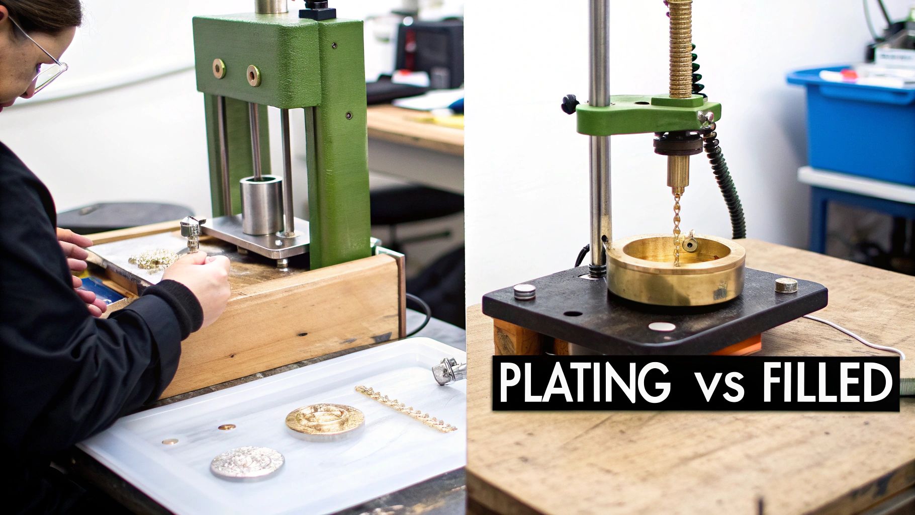 Two images showing jewelry workers using machines to demonstrate gold plating vs. gold filled techniques.