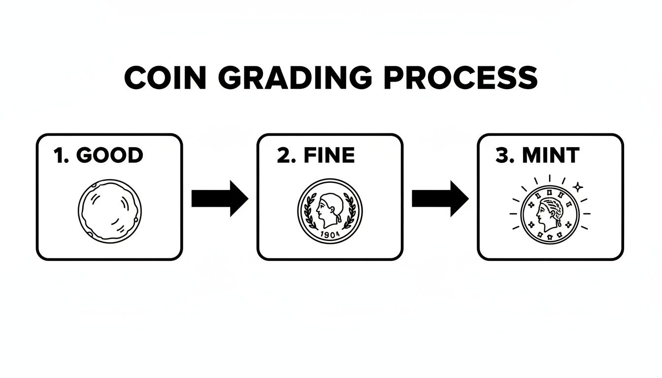 A diagram illustrating the coin grading process, showing three stages: good, fine, and mint condition.