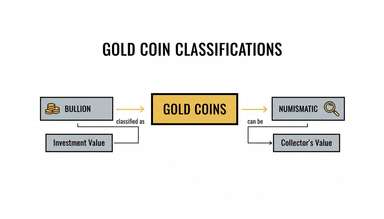 A flowchart categorizes gold coins into Bullion (Investment Value) and Numismatic (Collector's Value).