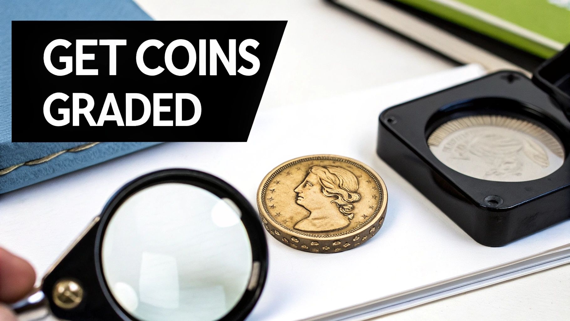 Professional coin grading tools including magnifying glass and loupe examining vintage collectible coins