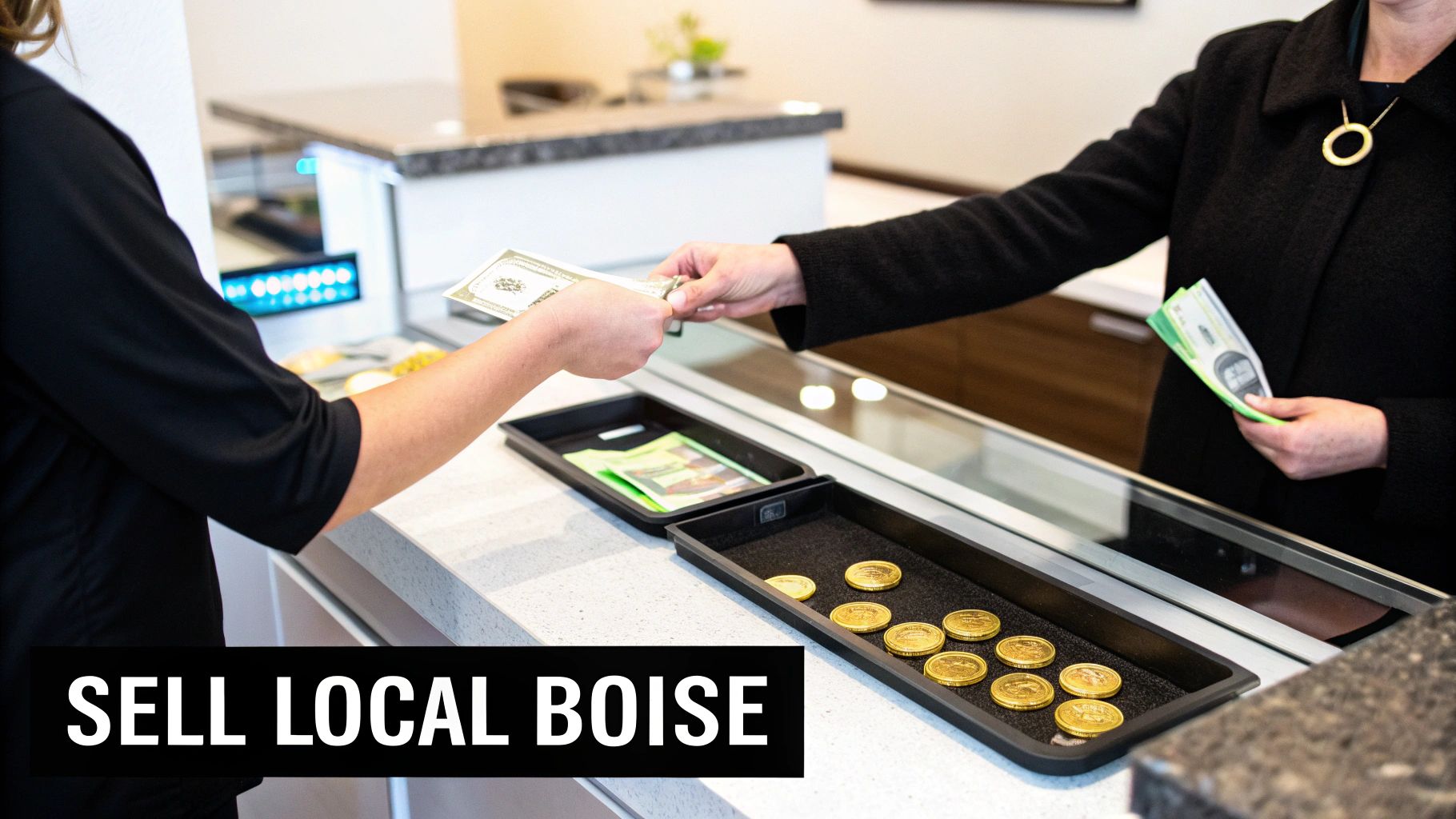 A customer and a professional examining a piece of jewelry in a shop.