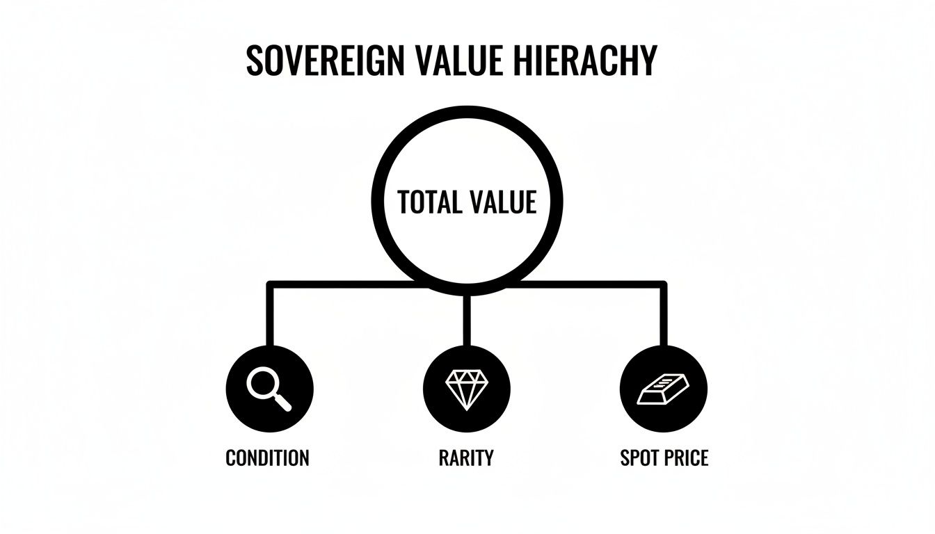 A diagram titled 'Sovereign Value Hierarchy' showing Total Value determined by Condition, Rarity, and Spot Price.