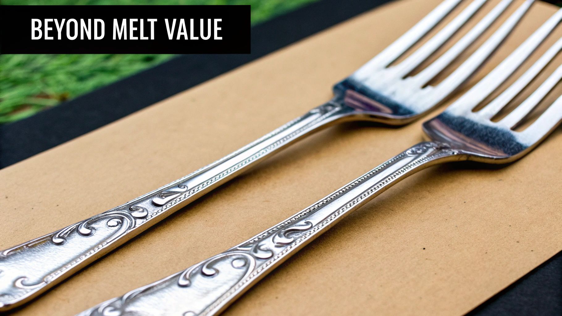 Ornate vintage sterling silver forks with decorative handles on cardboard surface beyond melt value