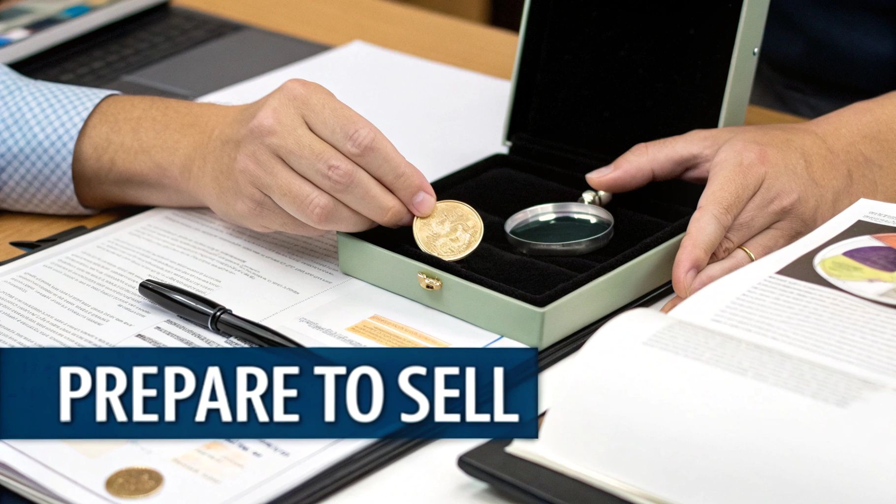 Hands examining a gold coin and magnifying glass in a jewelry box, preparing for sale.