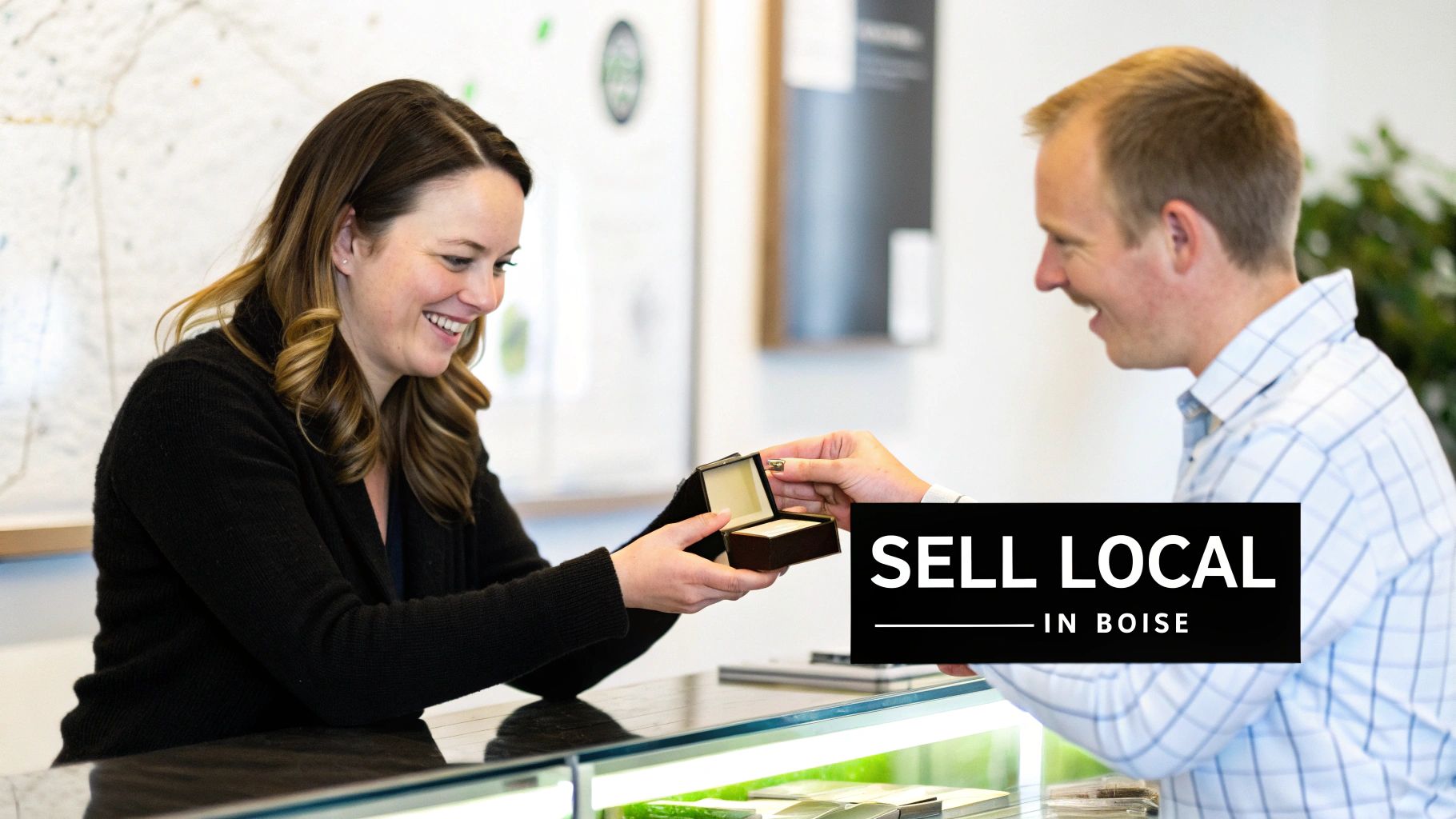 Smiling woman and man exchanging a small jewelry item from a box at a counter, promoting local sales.