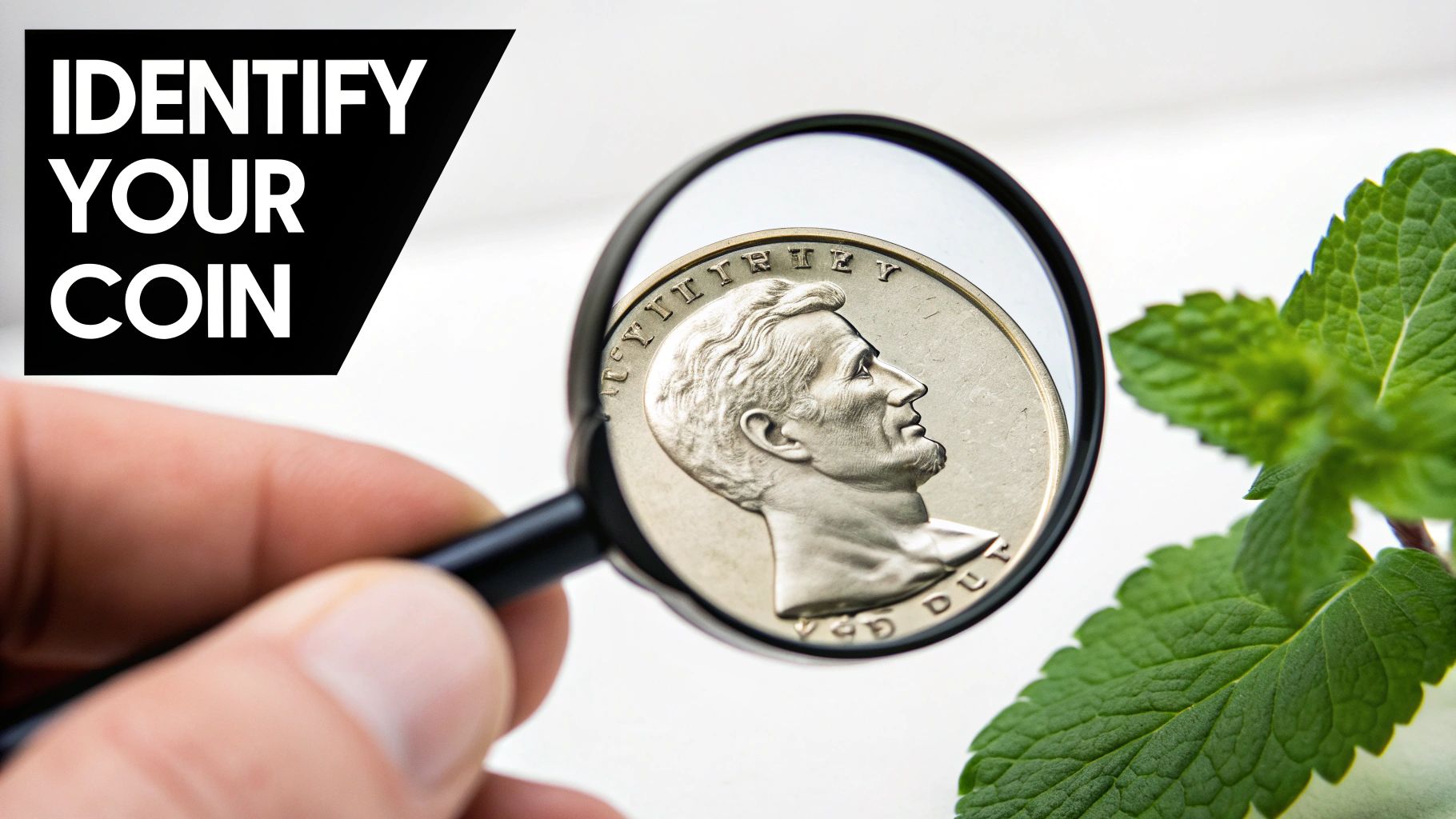 A hand holds a magnifying glass over a silver coin with Abraham Lincoln's profile.