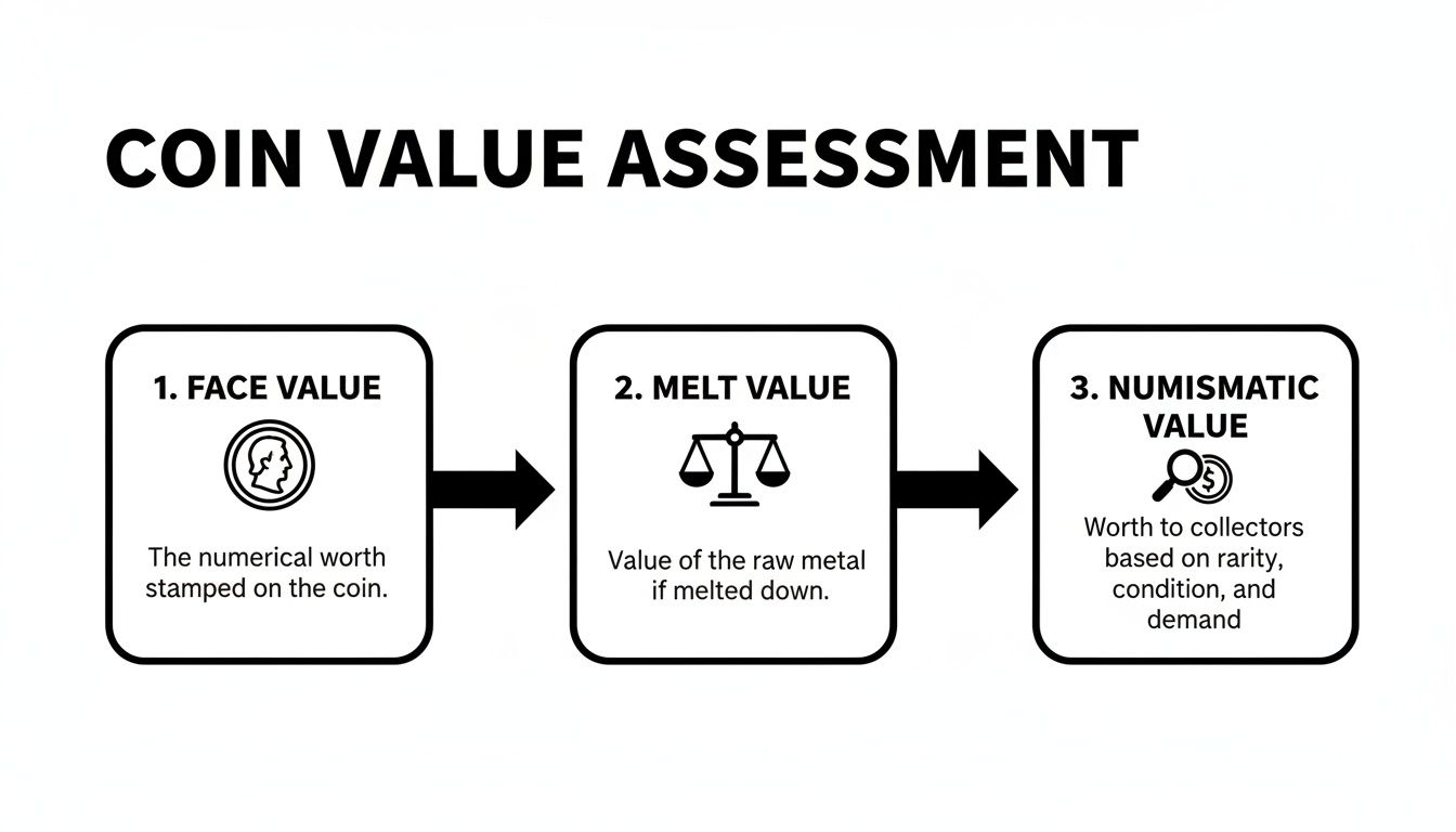 A diagram illustrating the three steps of coin value assessment: face value, melt value, and numismatic value.