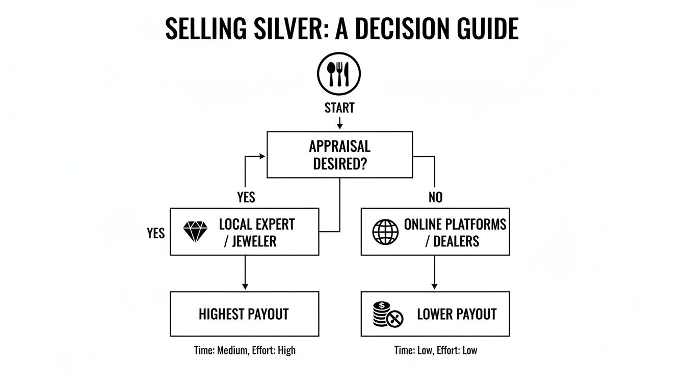 A decision guide flowchart illustrating options for selling silver, based on appraisal desire.