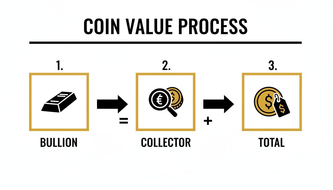 Diagram illustrating the coin value process: Bullion combined with collector value equals total coin value.