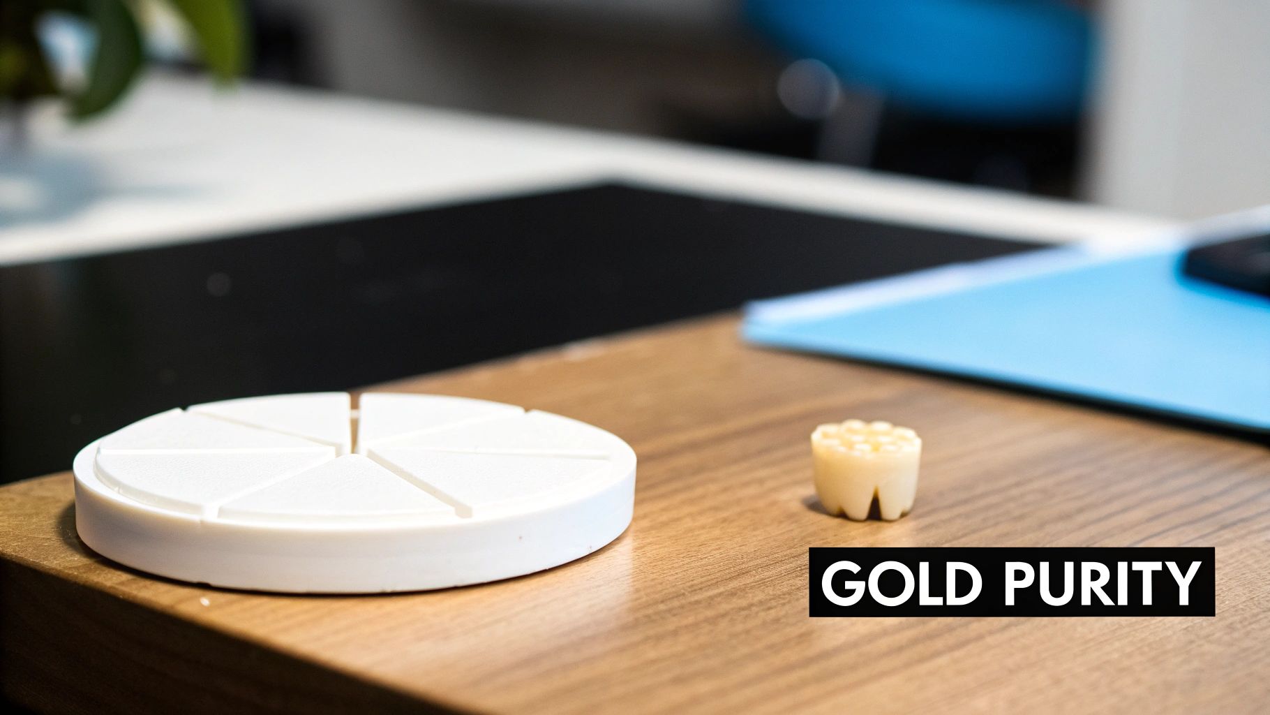 A white segmented disk and a small, light, tooth-shaped object on a wooden table, with "GOLD PURITY" text.