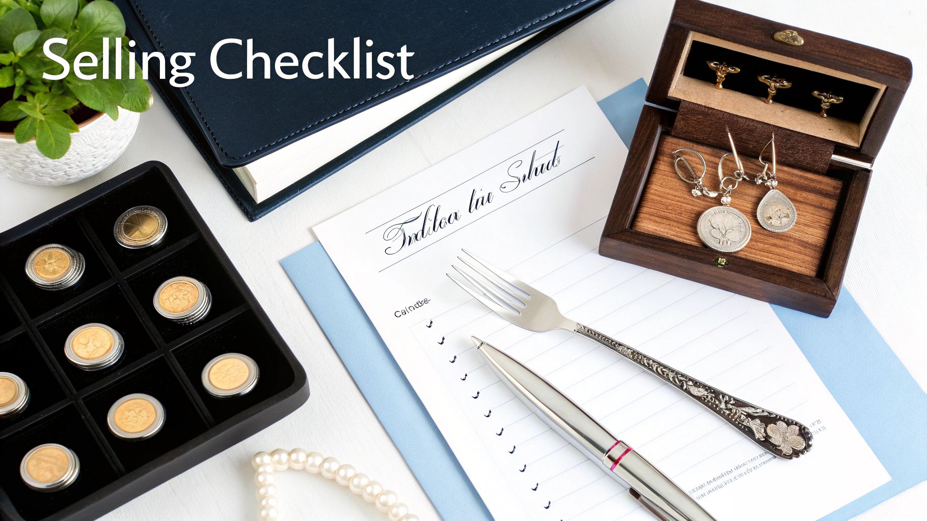 Flat lay of a selling checklist with coins, jewelry, planner, and pen on a white desk.