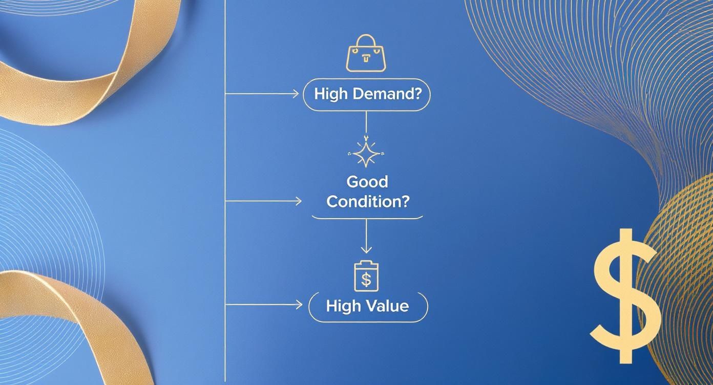 Flowchart showing decision process for selling designer handbags based on demand, condition, and value