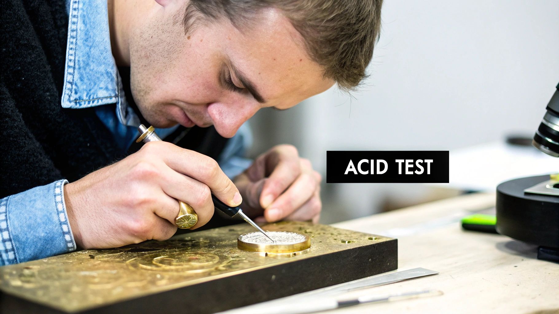 A person examining a gold ring with a jeweler's loupe