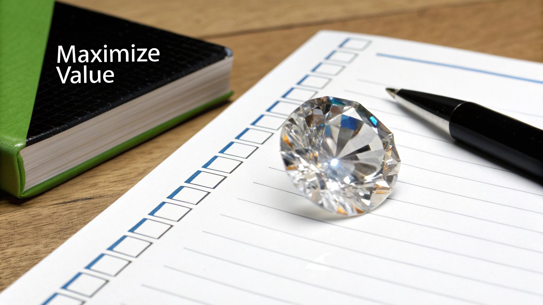 A jeweler using a loupe to inspect a diamond ring on a desk.