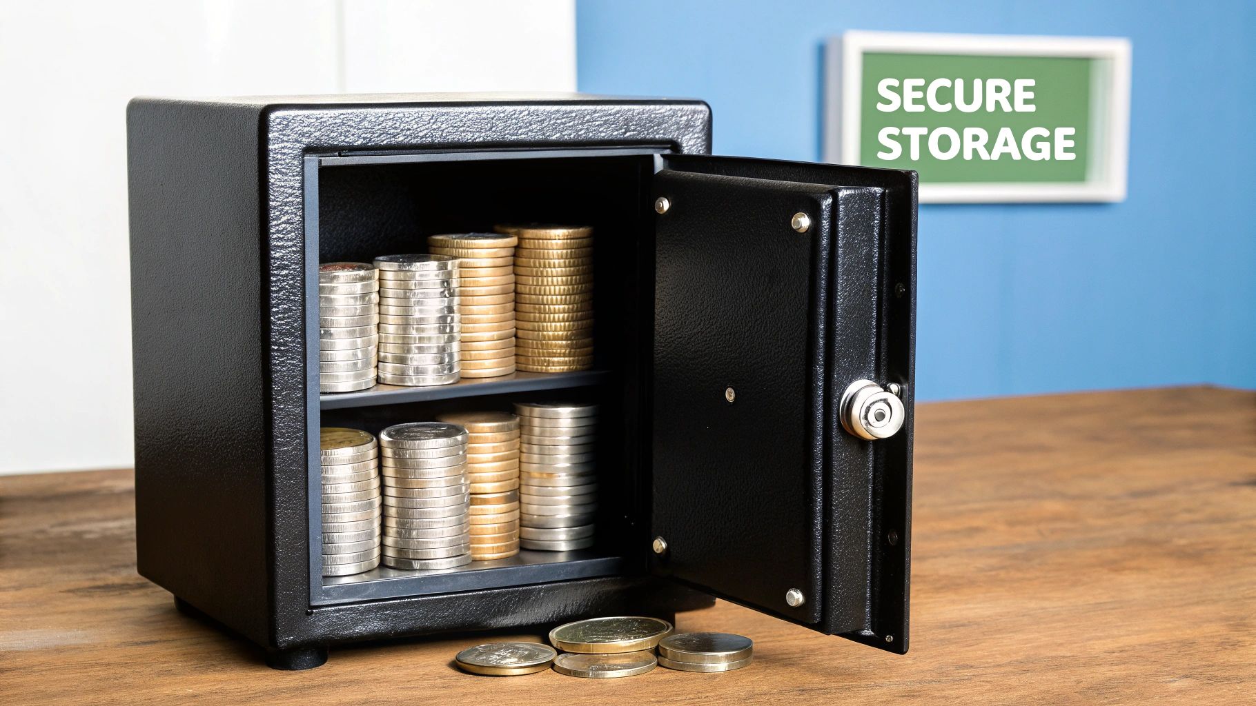 A close-up of a high-security home safe with its door slightly ajar, revealing stacks of silver coins inside.