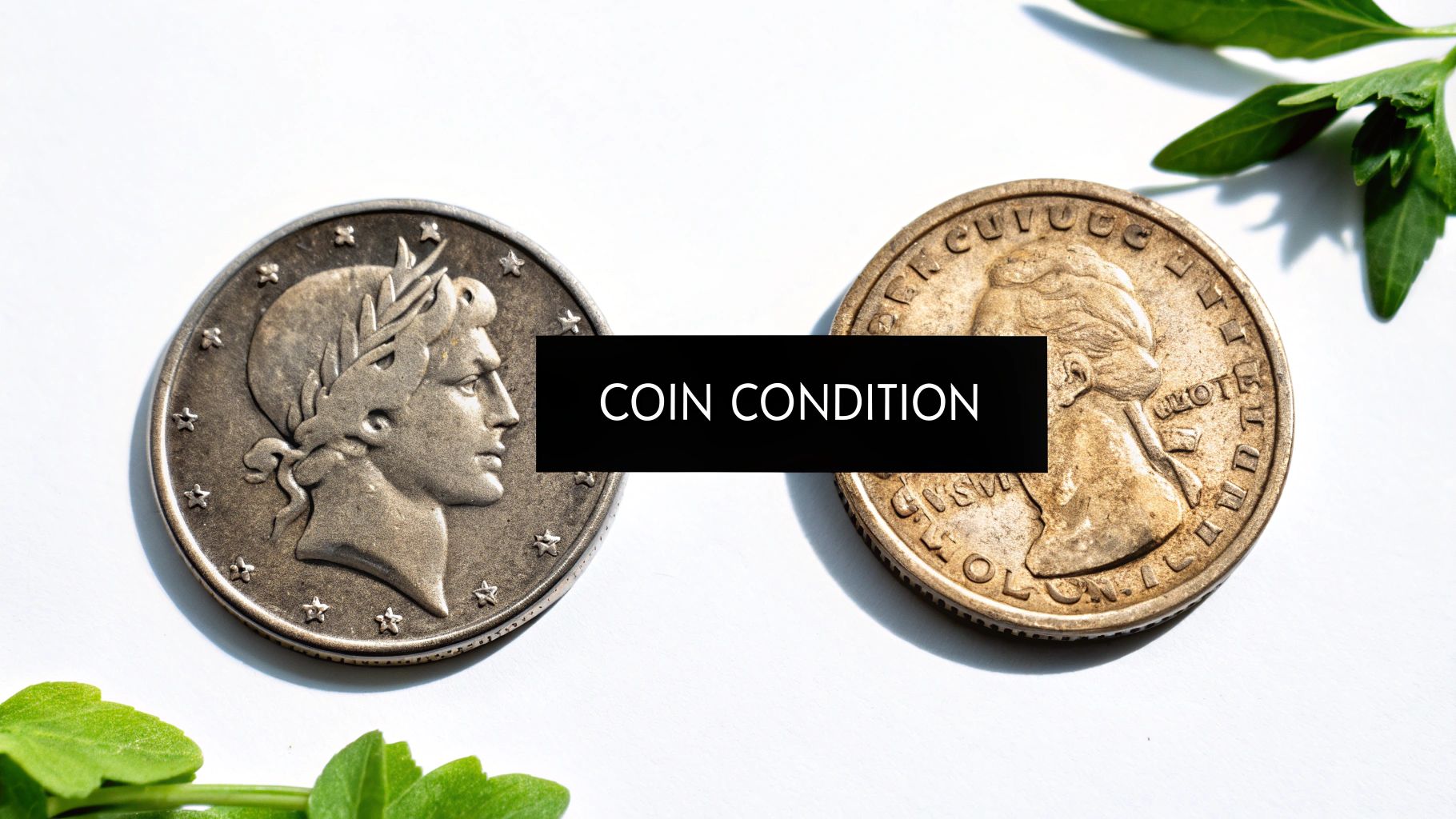Two antique coins displayed on a white surface with a black banner reading 'COIN CONDITION' and green leaves.