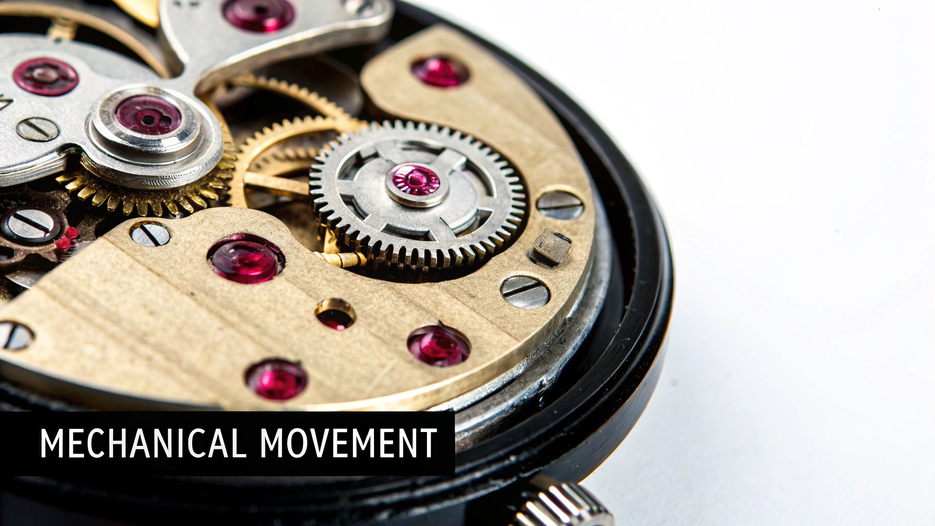 Close-up of an intricate mechanical watch movement displaying gears, screws, and ruby jewels.