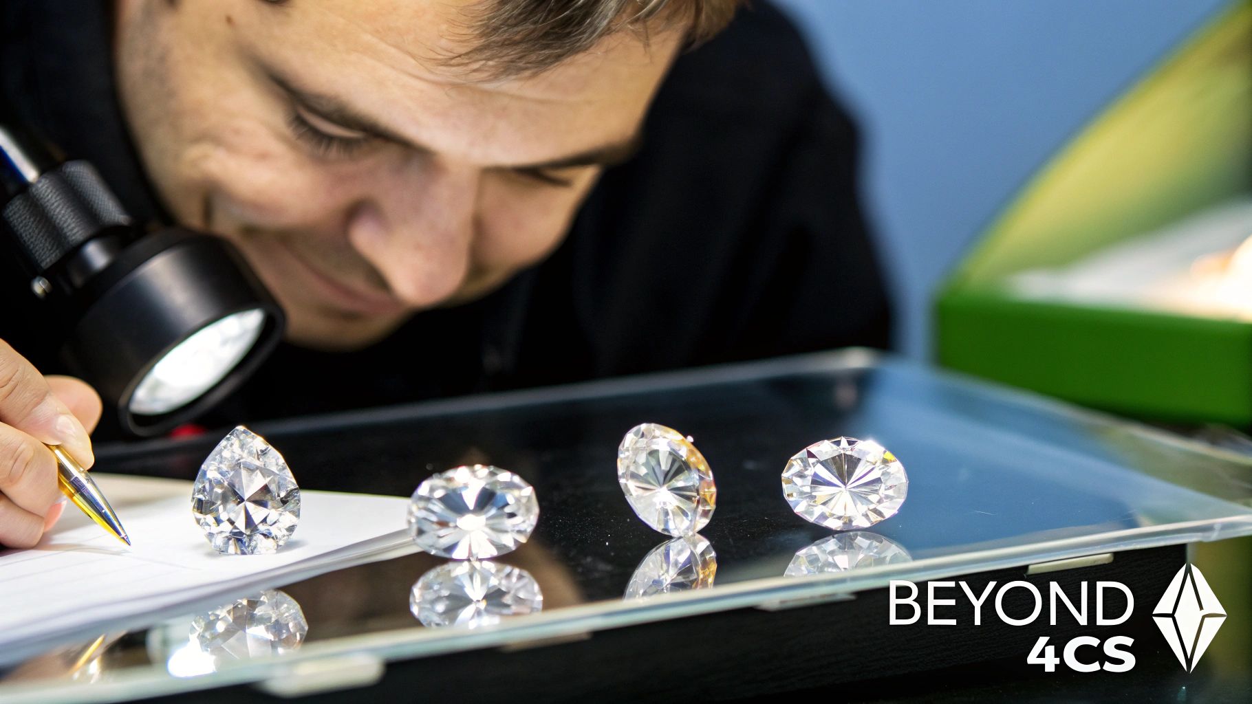 A collection of brilliant-cut diamonds being sorted by a jeweler.