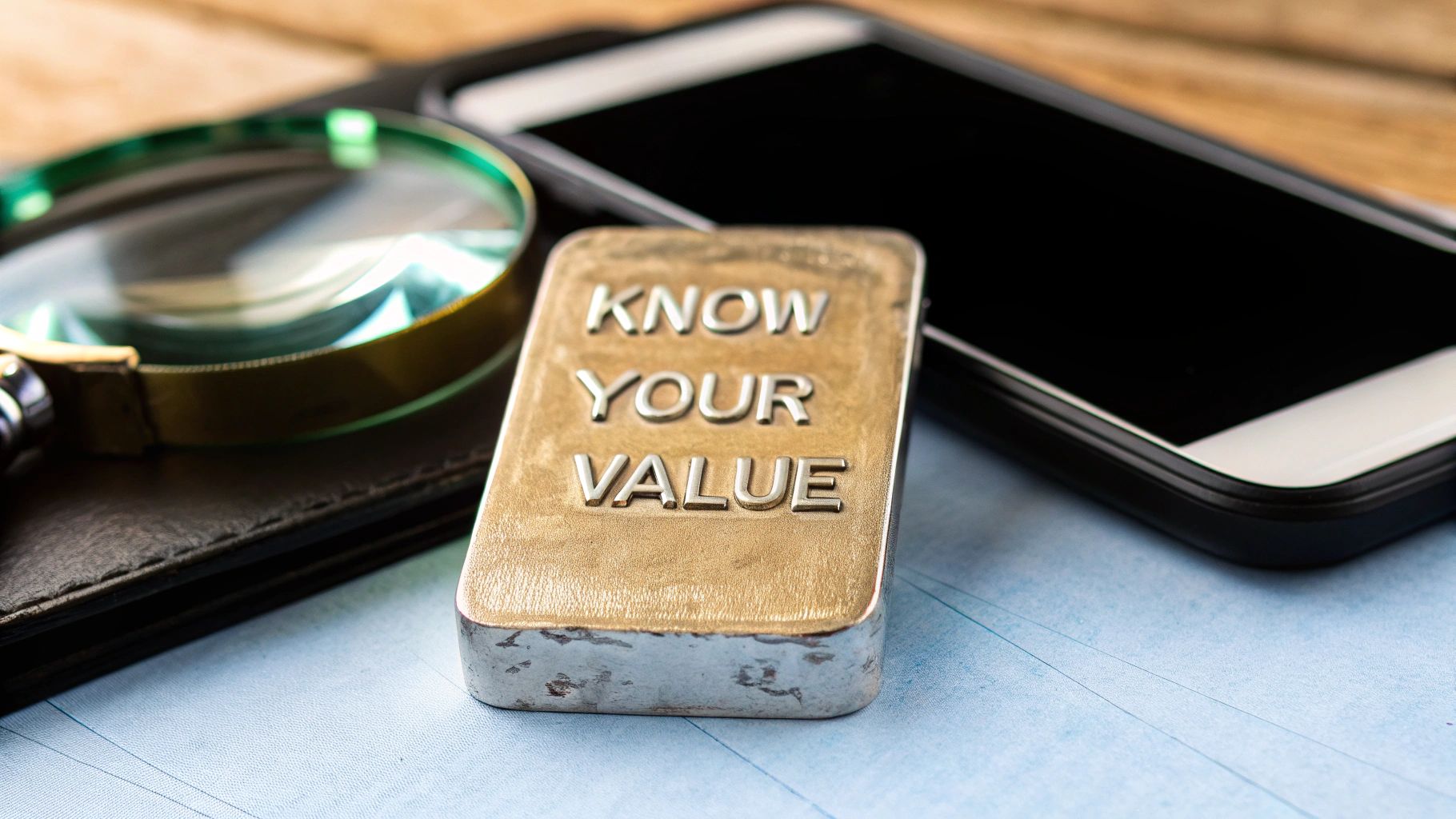 A gold bar with 'KNOW YOUR VALUE' inscription, next to a magnifying glass and smartphone.