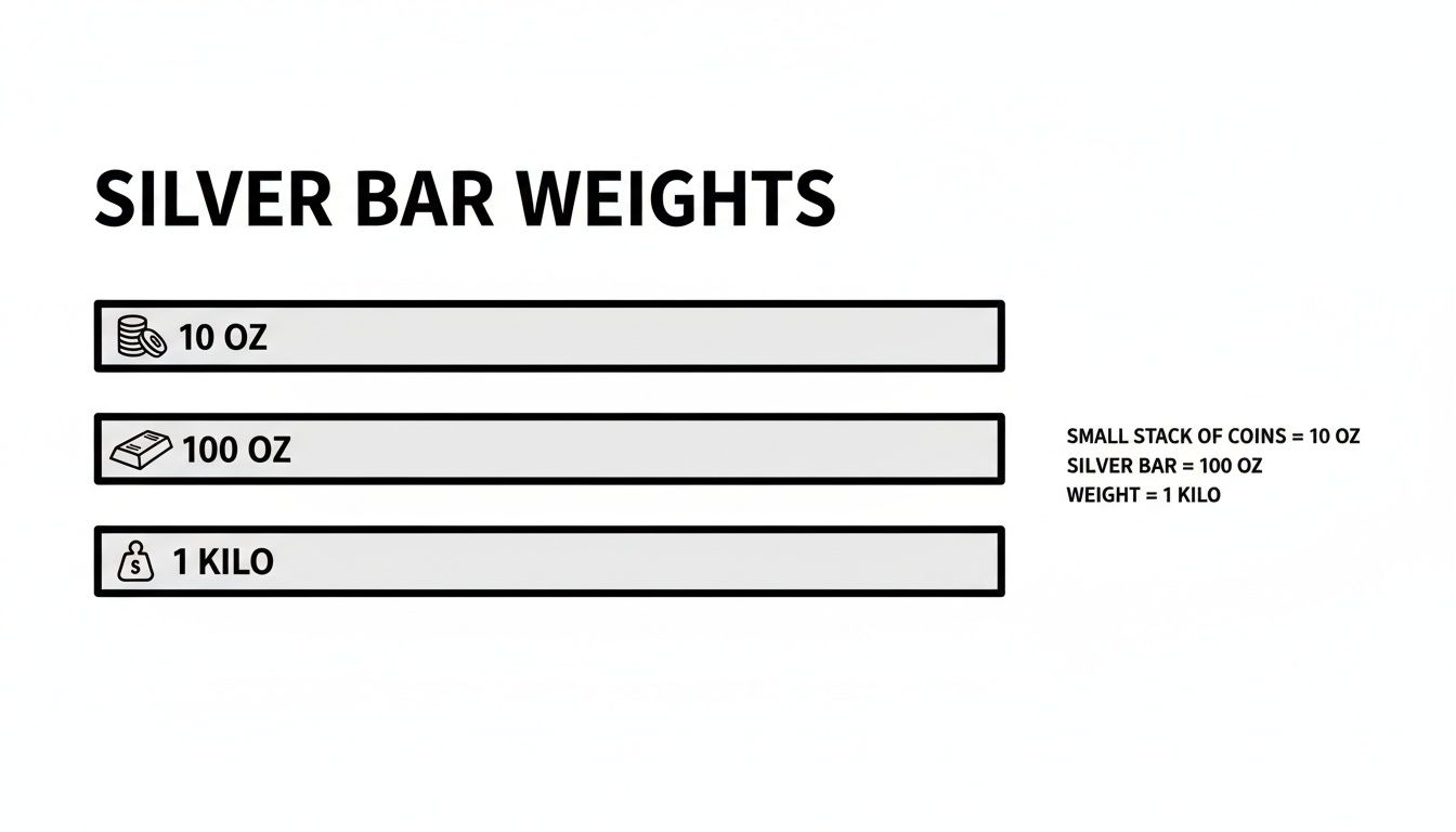 An infographic showing silver bar weights, including 10 oz, 100 oz, and 1 kilo.