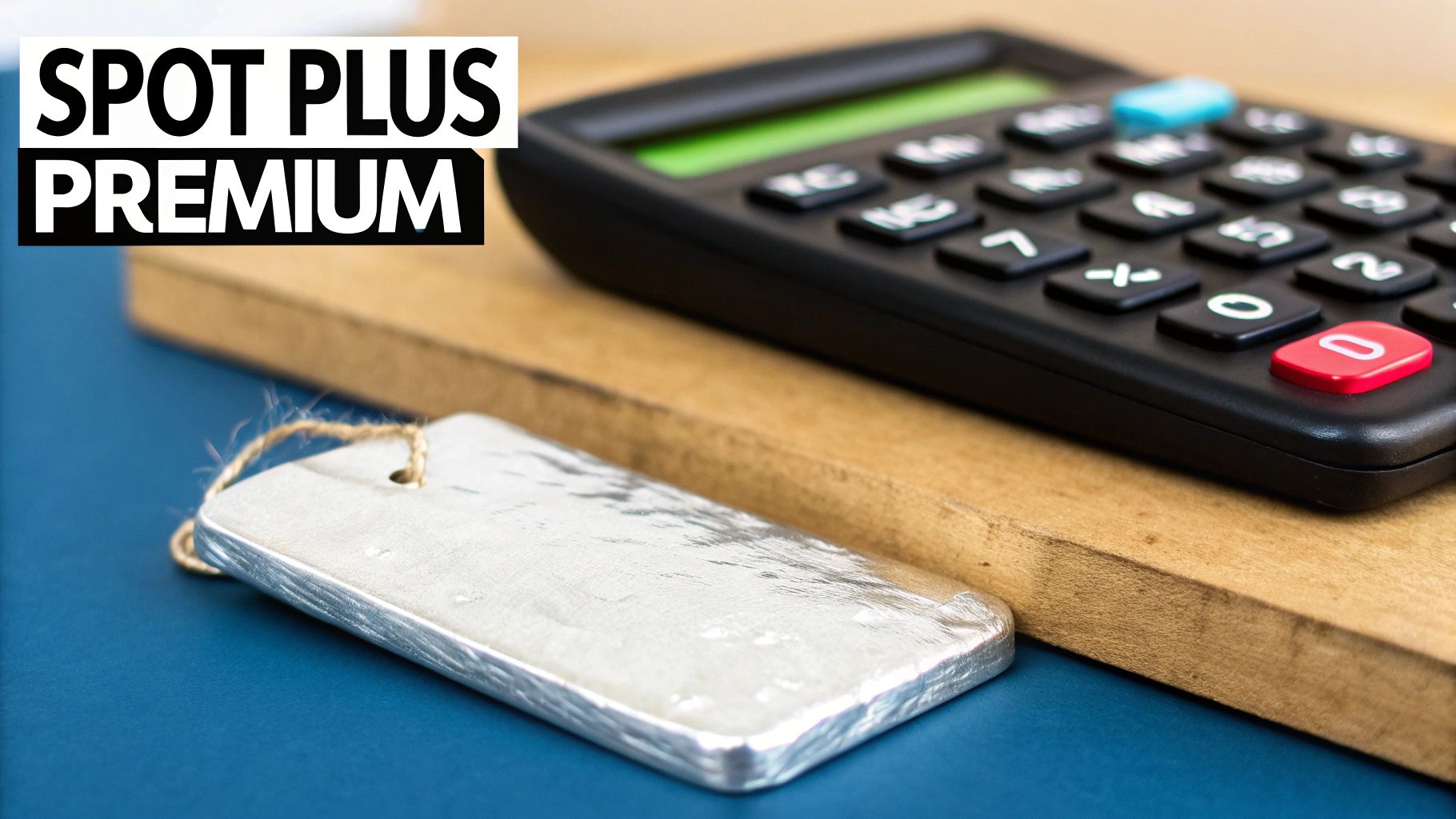 A silver bar, a calculator on a wooden board, with 'SPOT PLUS PREMIUM' text overlay.