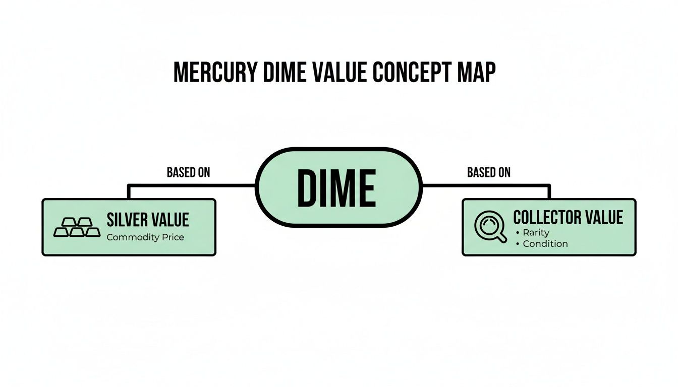 A concept map illustrating Mercury Dime value based on silver commodity price and collector factors like rarity and condition.