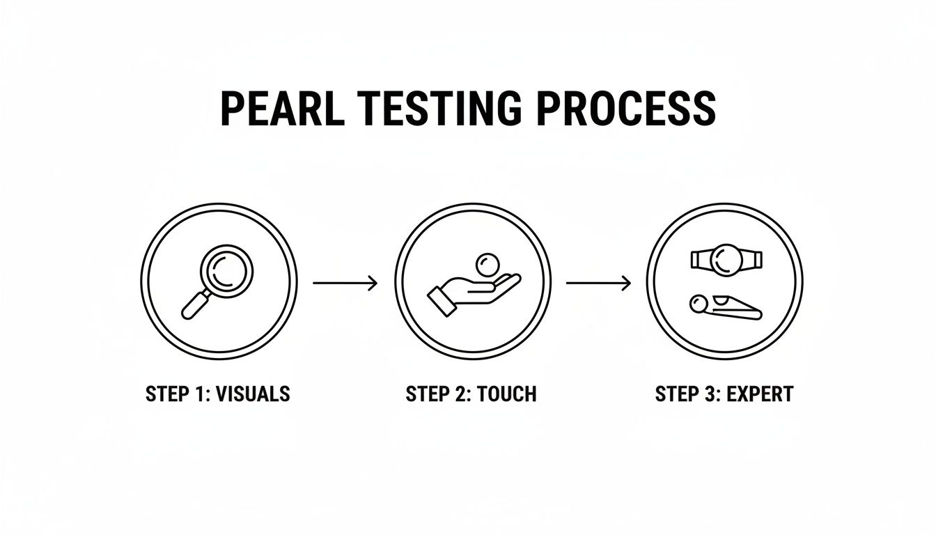 A flowchart illustrating the three-step pearl testing process: visuals, touch, and expert evaluation.