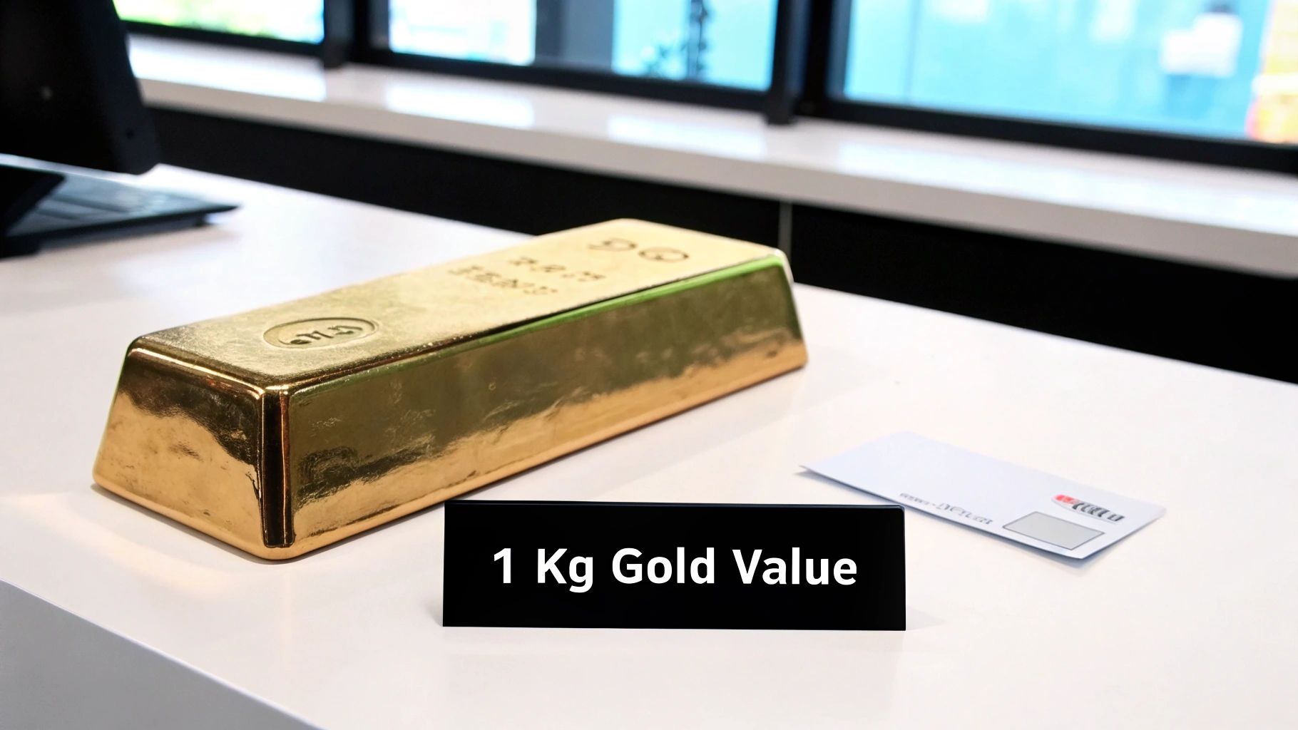 A large, shiny gold bar rests on a white desk next to a black sign displaying '1 Kg Gold Value'.