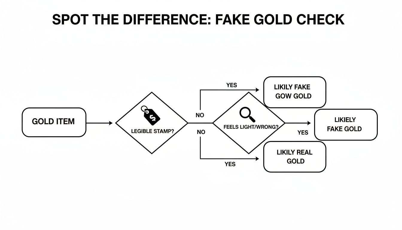 Flowchart diagram illustrating a step-by-step process to check if a gold item is real or fake.