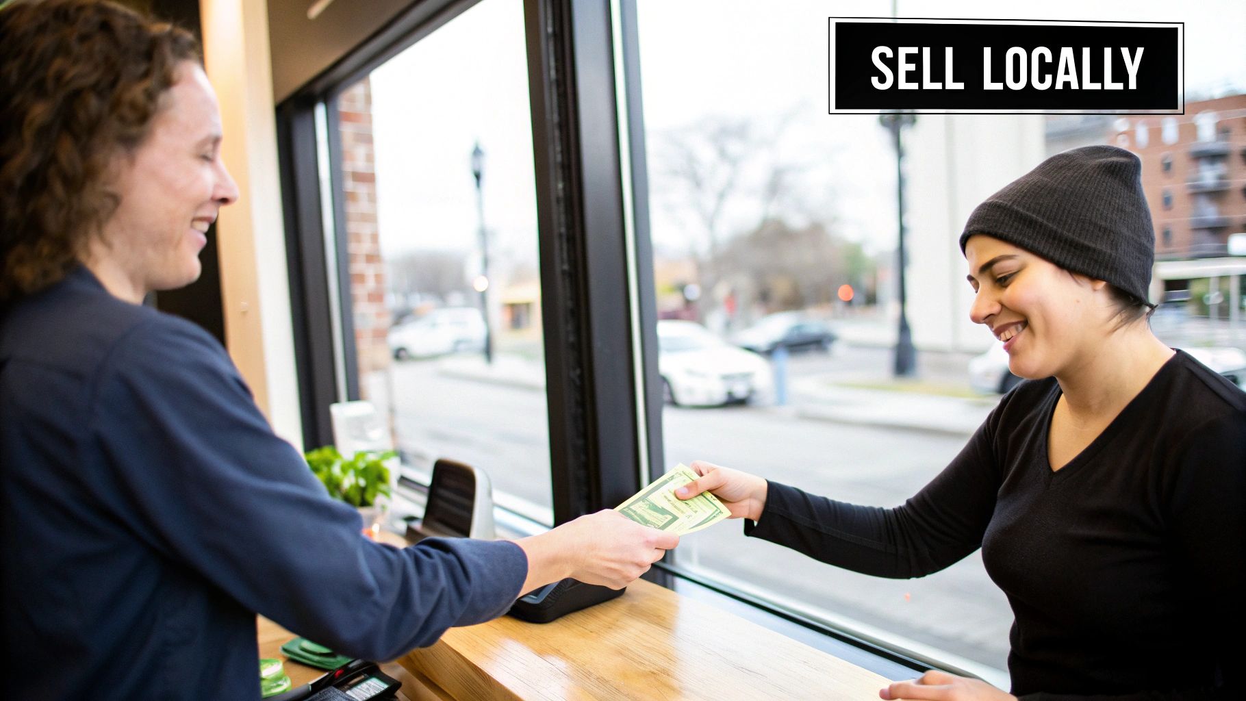 Happy customer paying cash to a smiling cashier at a counter in a local shop.