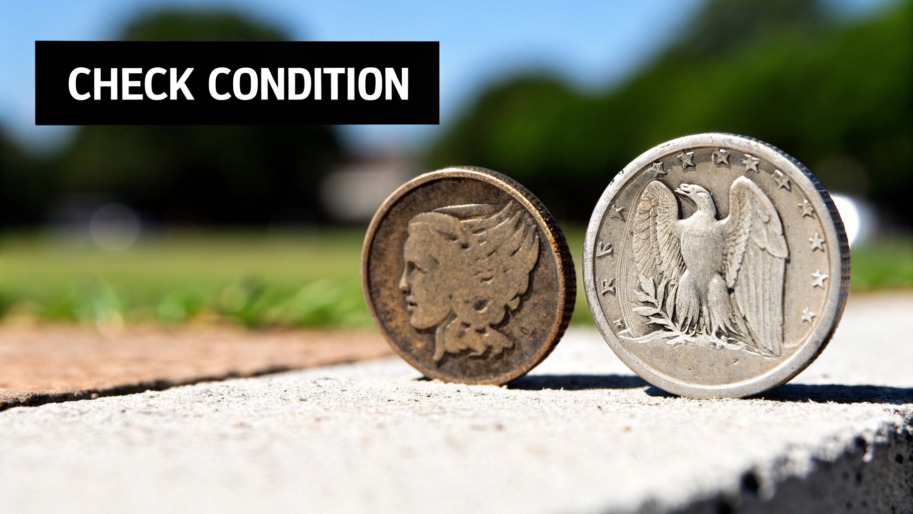 Two antique coins, one with a woman's profile and another with an eagle, stand on concrete.
