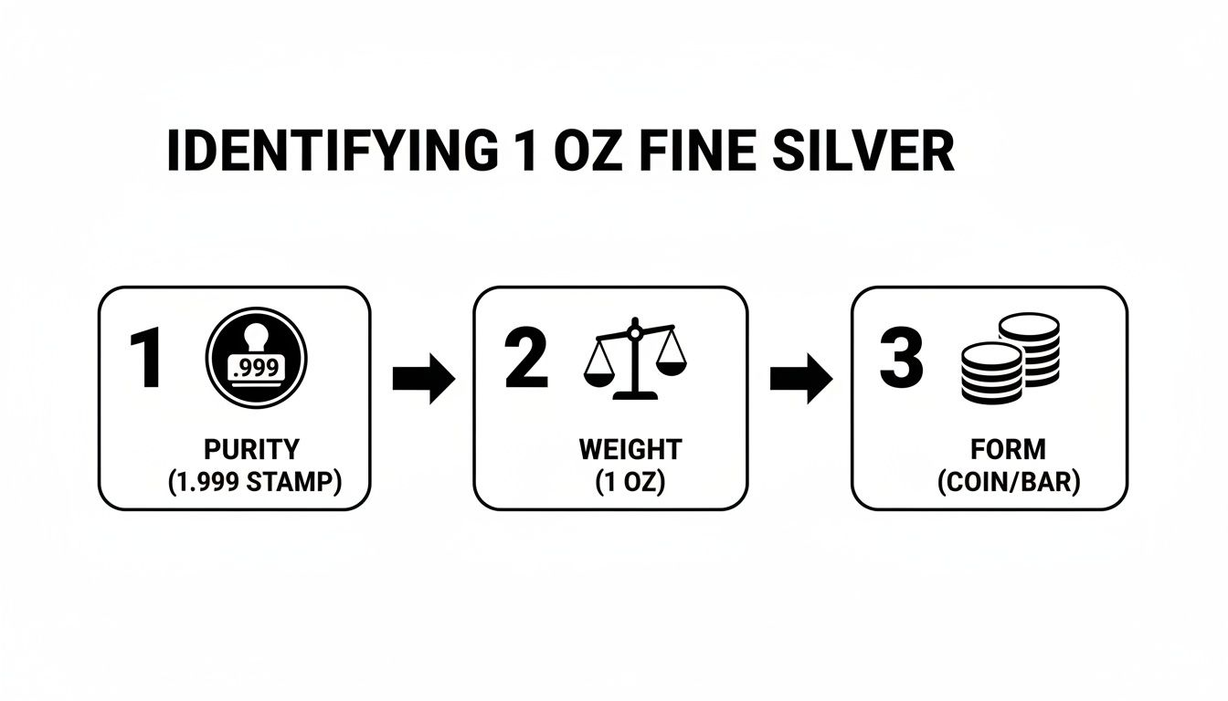 Flowchart illustrating three key steps to identify 1 oz fine silver: purity, weight, and form.
