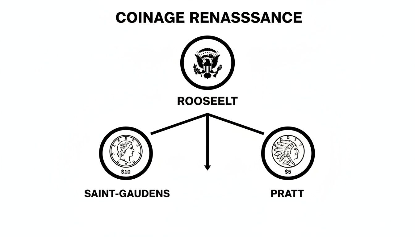 Diagram illustrating the Coinage Renaissance, linking President Roosevelt to Saint-Gaudens ($10 coin) and Pratt ($5 Indian head coin).