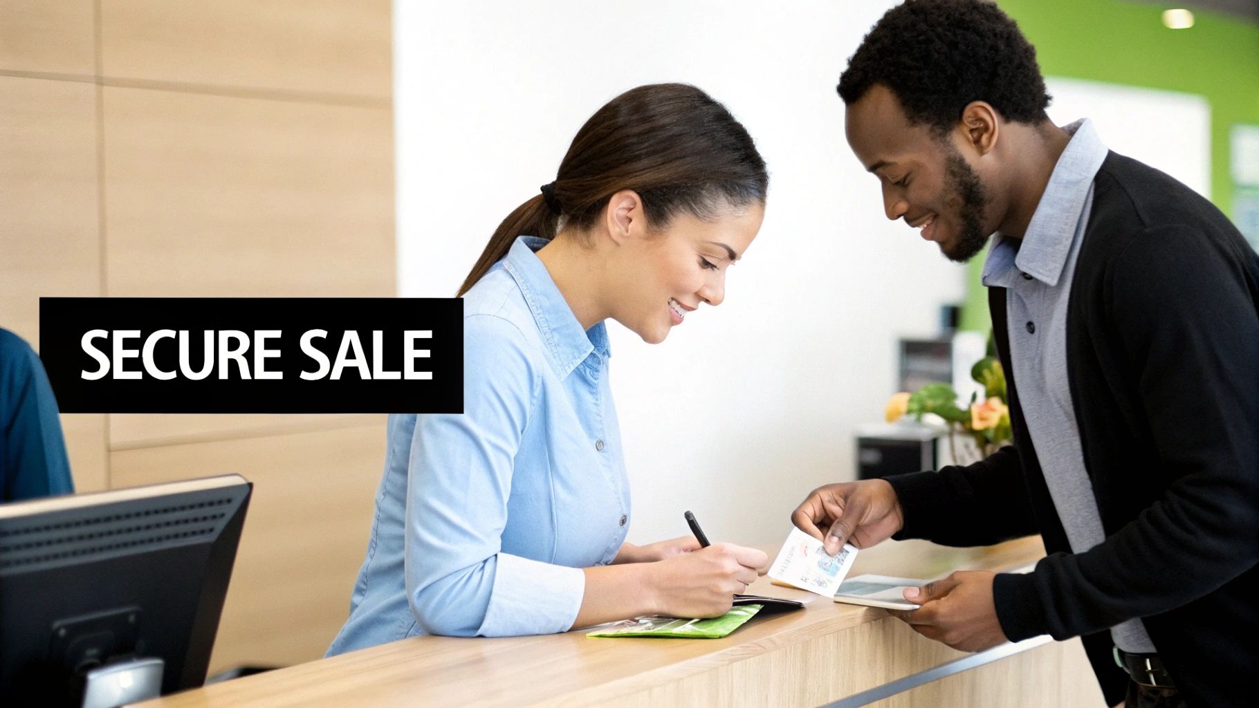 A smiling bank teller assists a customer with a secure transaction at a counter.