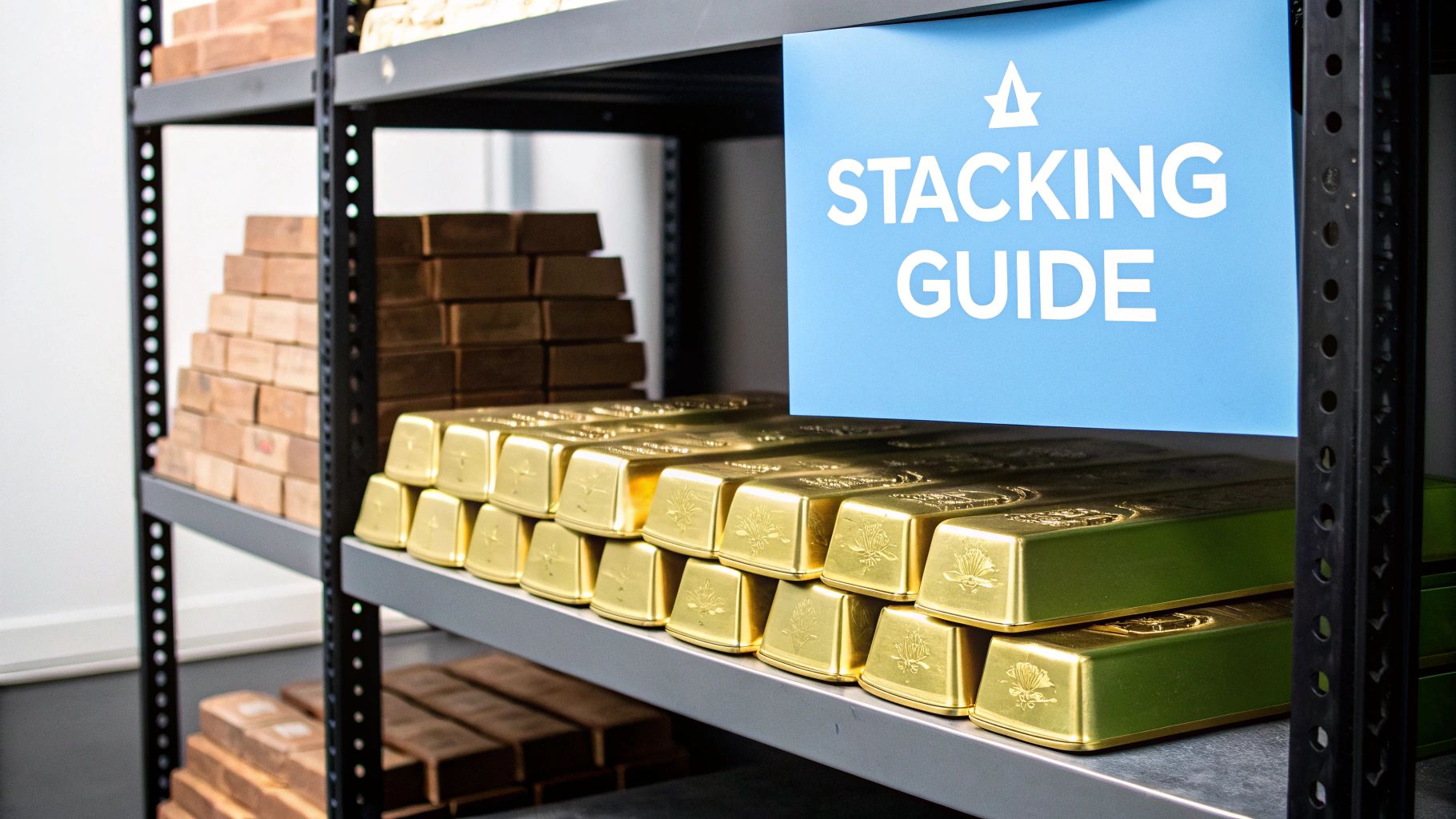 Shelves filled with stacks of shiny gold bars and rectangular copper bars, with a blue 'Stacking Guide' sign.