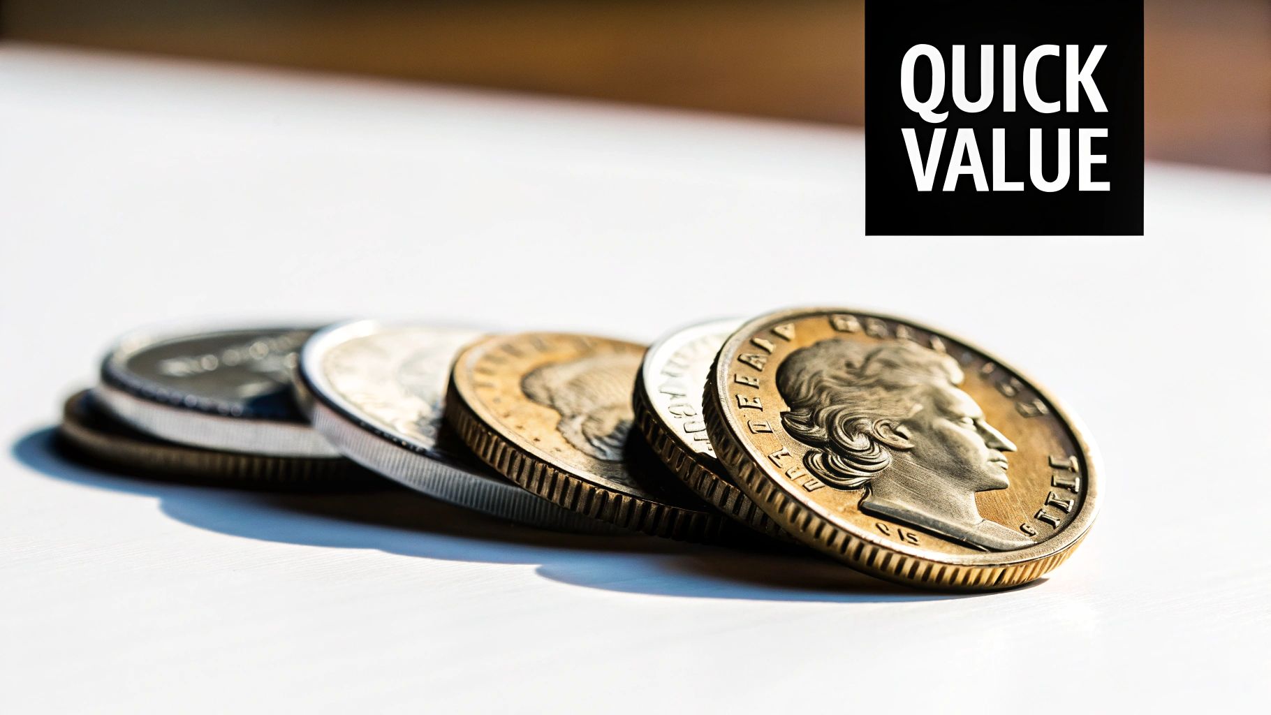 Stack of diverse coins, some gold and silver, on a white surface with text overlay.