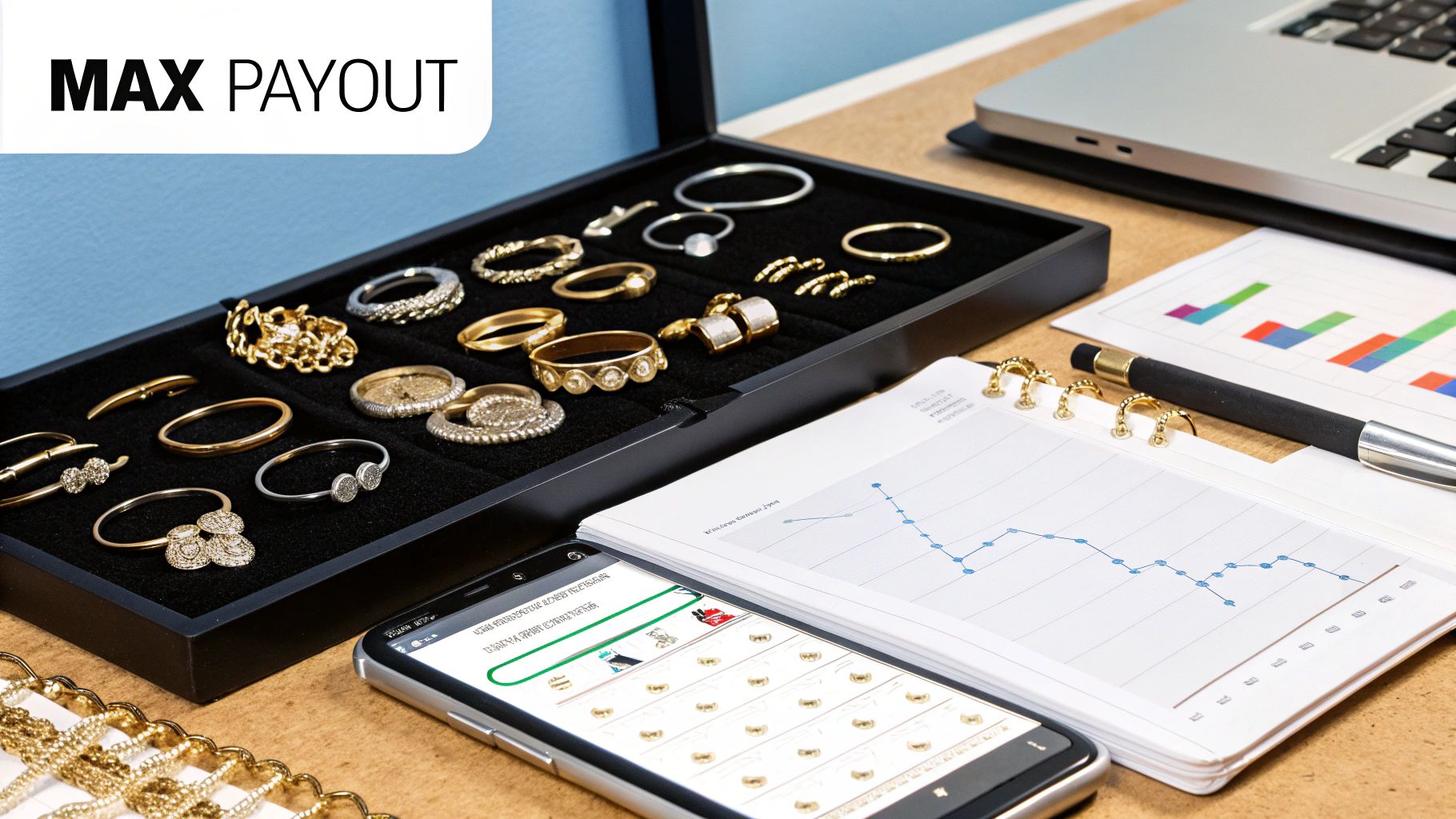 A close-up of various gold and silver items neatly arranged on a dark surface.