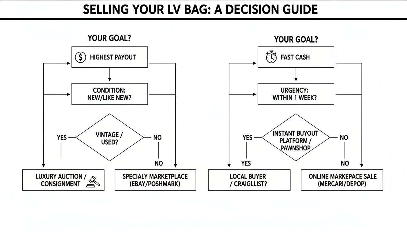 Flowchart decision guide for selling a Louis Vuitton bag based on payout goals and urgency.