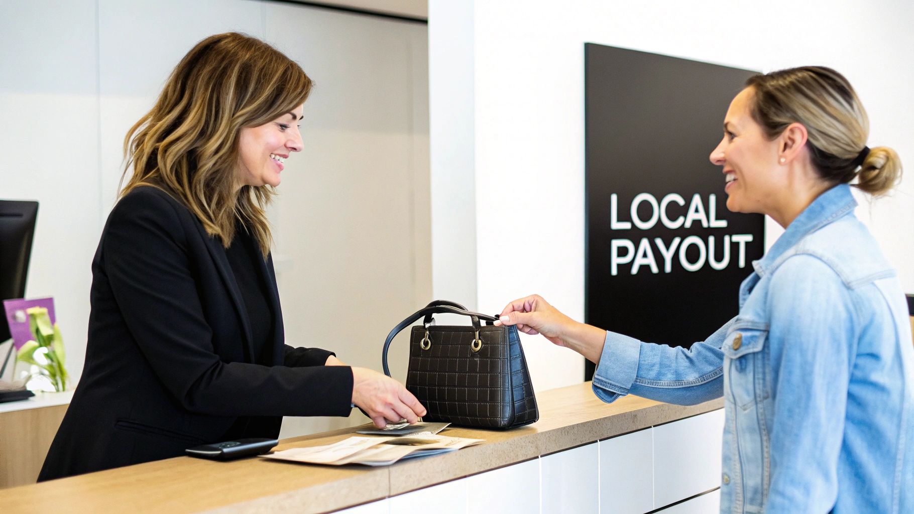 Woman selling designer handbag to customer at local payout store counter transaction