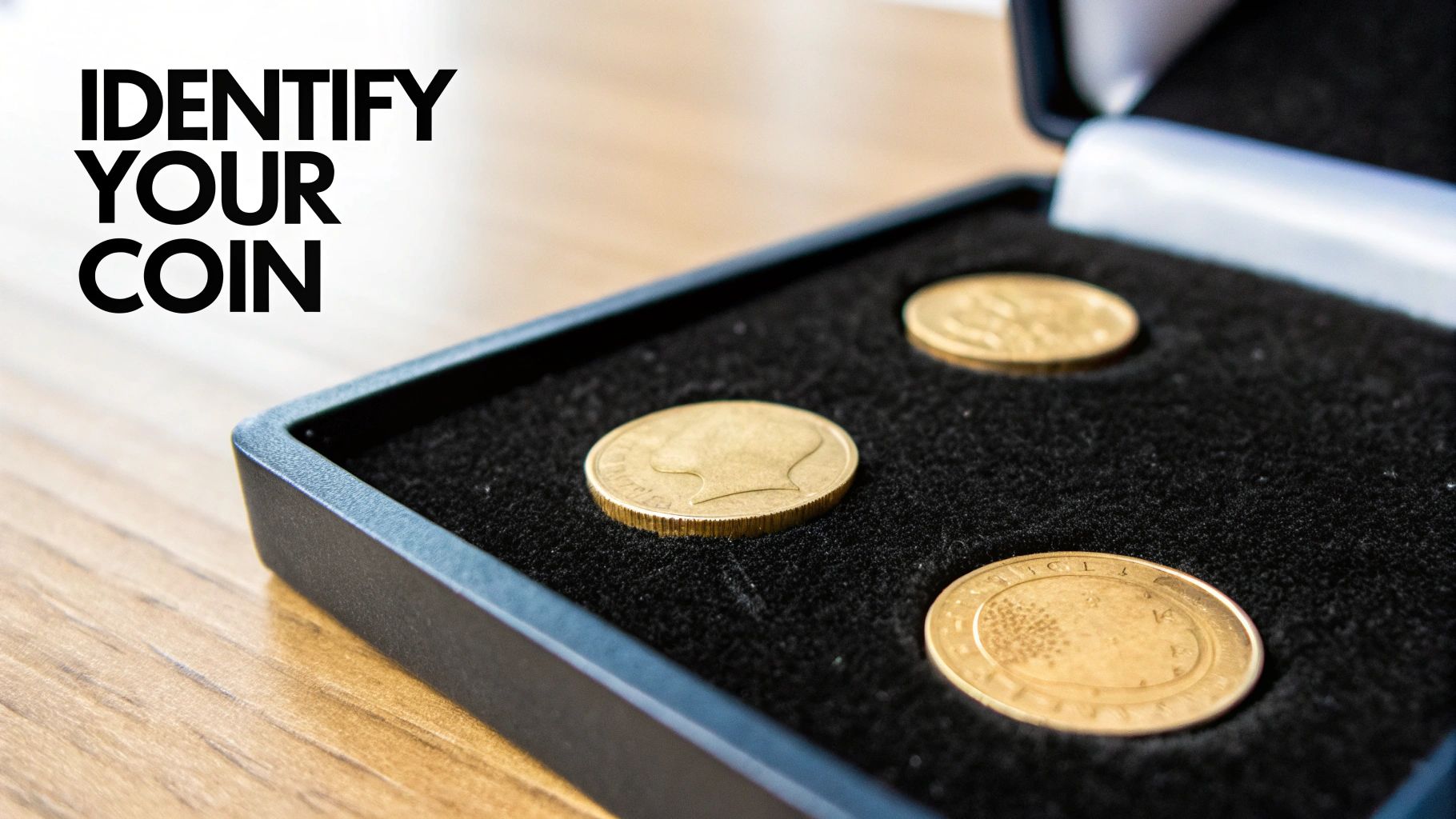 Close-up of three shiny gold coins displayed in a black velvet case, with 'IDENTIFY YOUR COIN' text.