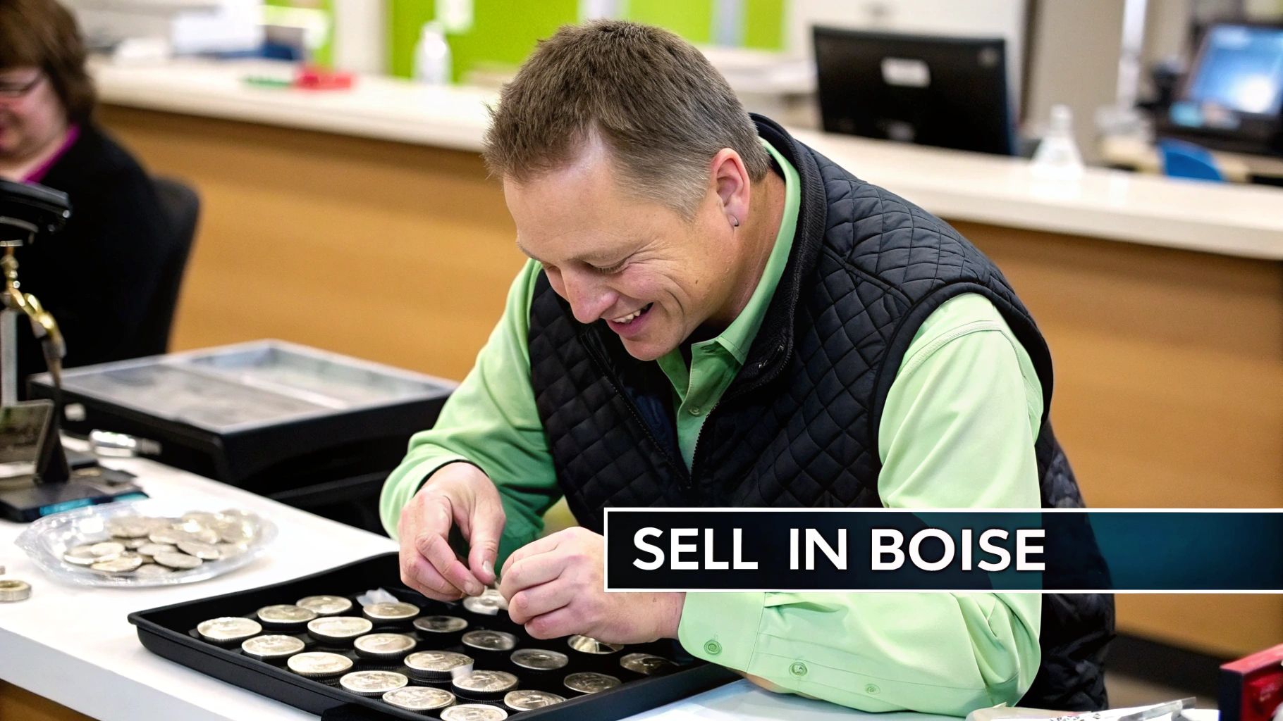 A friendly expert evaluating silver coins at a jewelry buying counter in Boise.