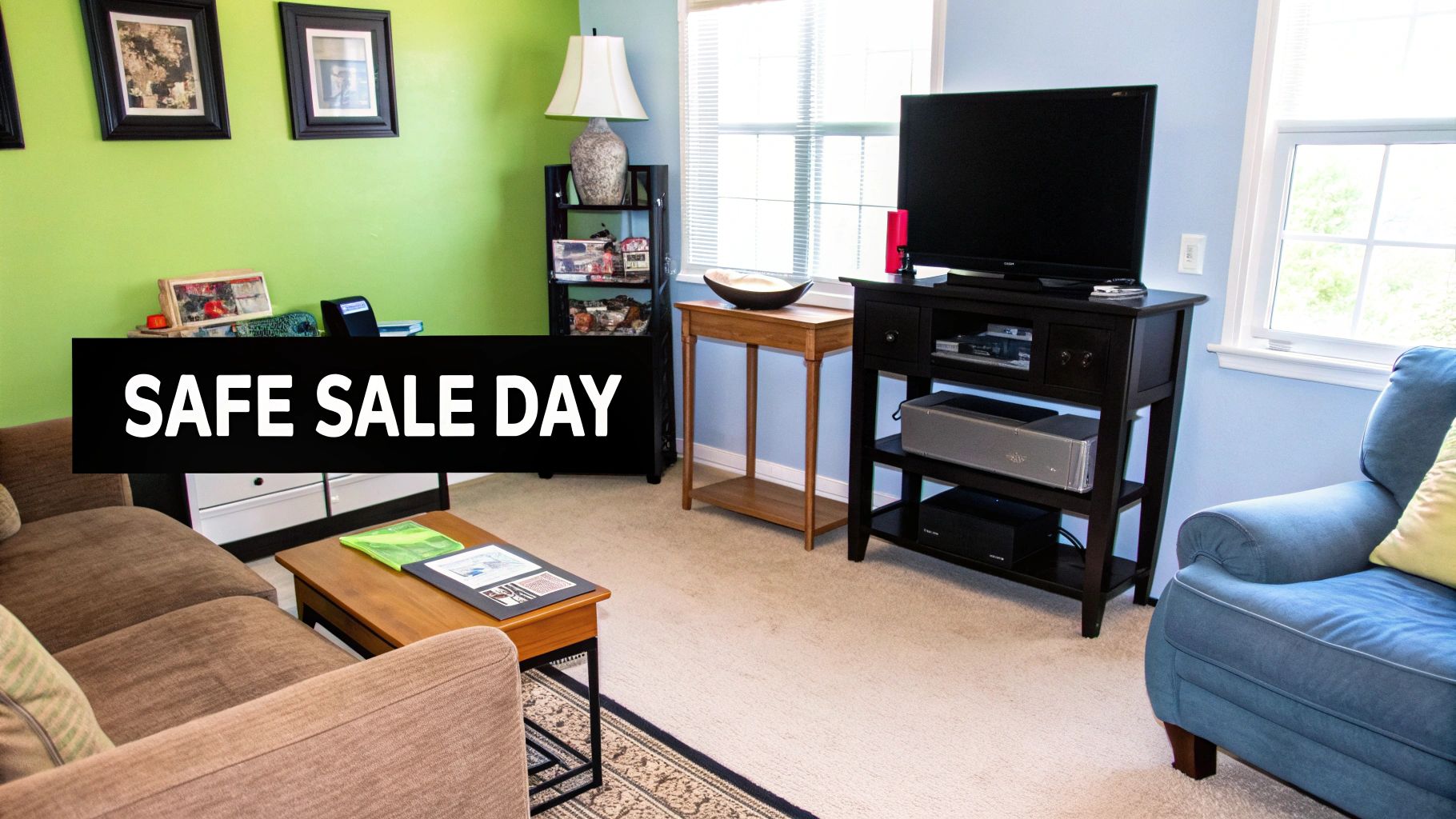 A living room interior with a couch, TV, and bookshelf, featuring a 'SAFE SALE DAY' banner.