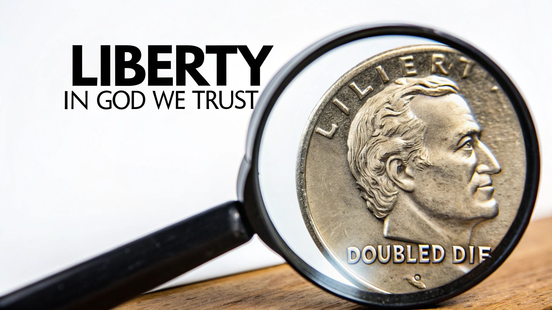Close-up of a coin under a magnifying glass, showing 'Doubled Die' error and 'LIBERTY' text.