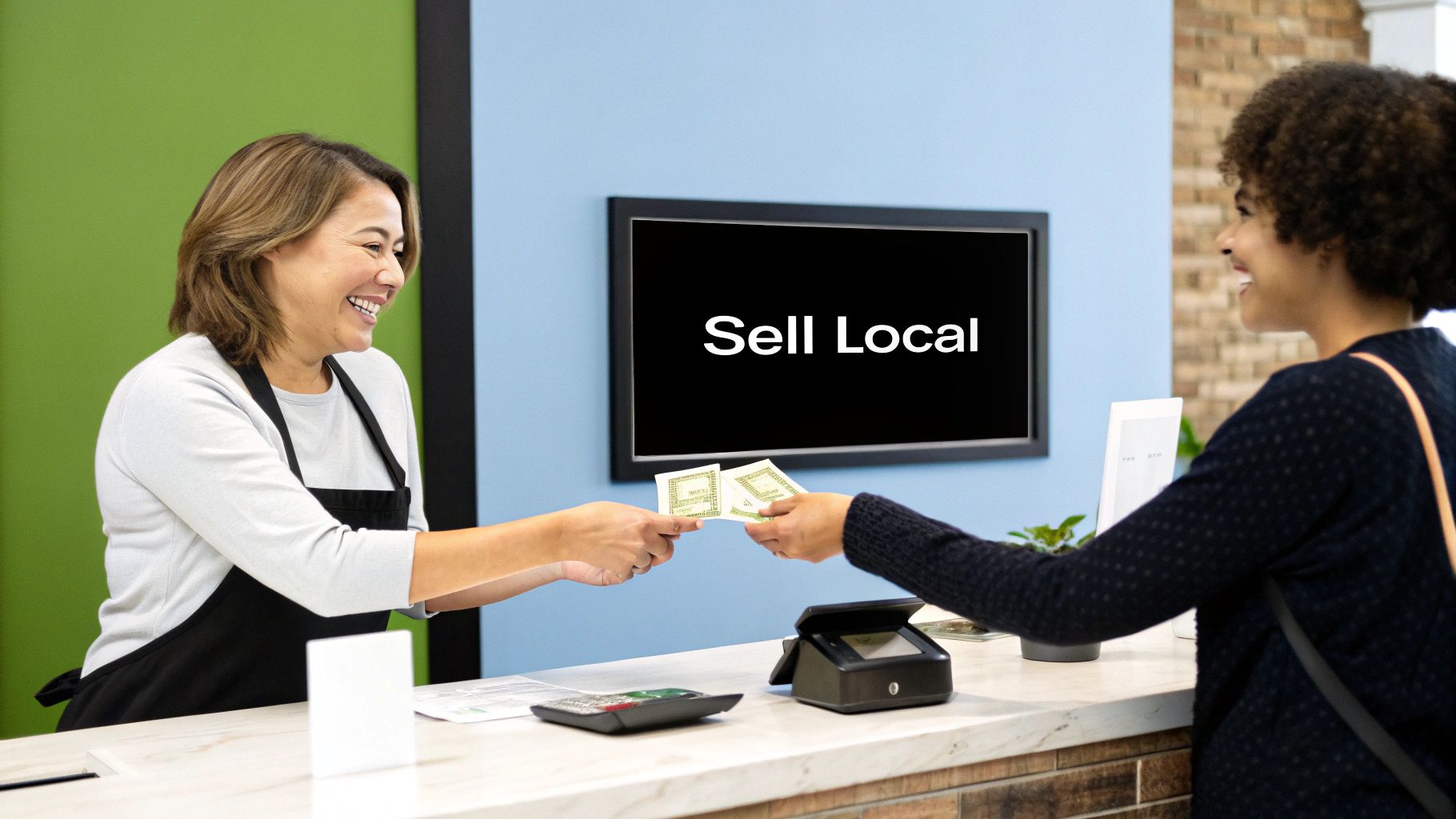 Smiling cashier hands money to a happy customer at a local business, with 'Sell Local' on a screen.