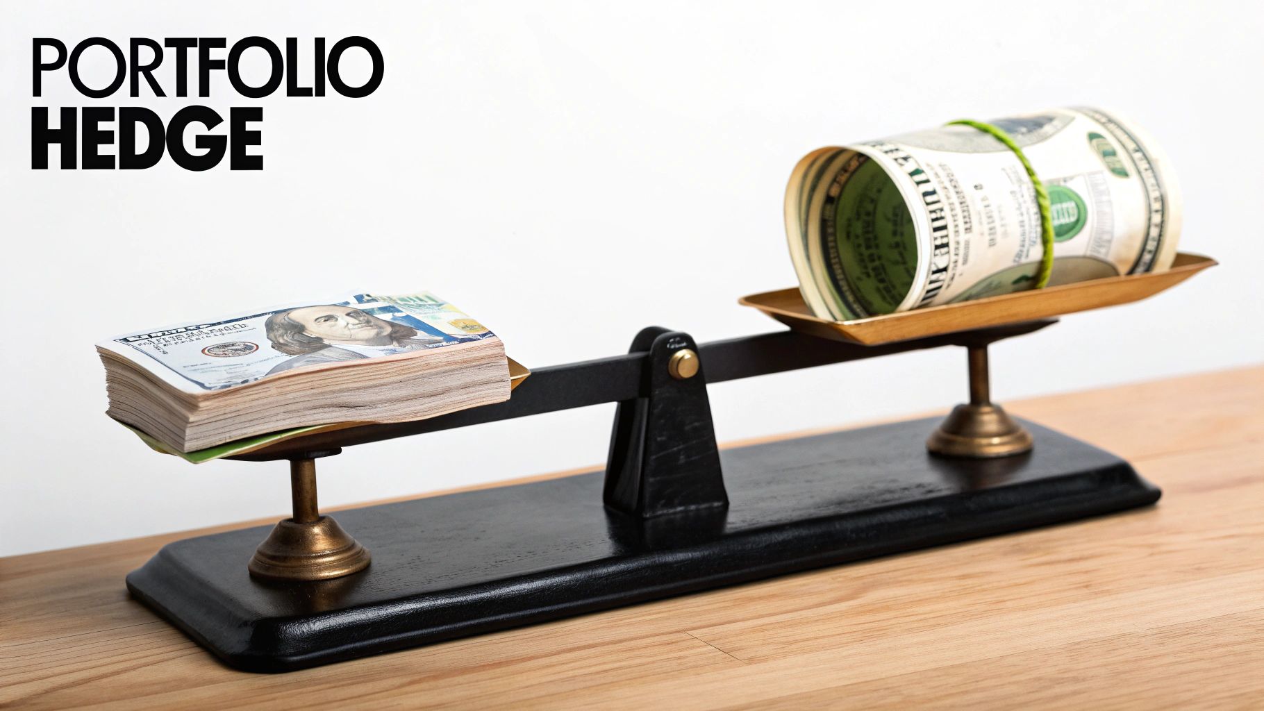A balance scale with dollar bills on both sides, symbolizing a portfolio hedge strategy.